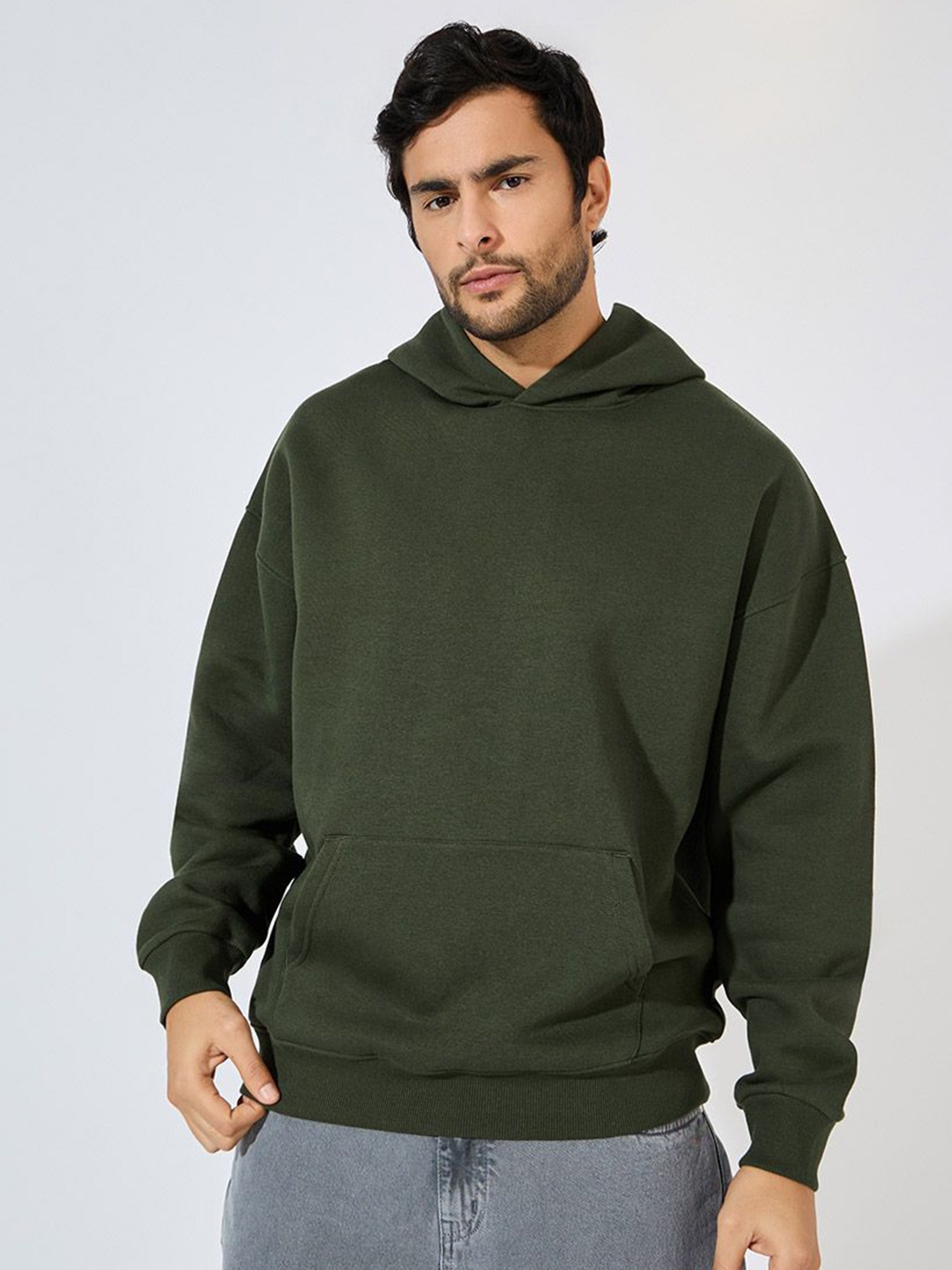 

Styli Men Oversized Fleece Kangaroo Pocket Heavy Weight Hoodie, Olive