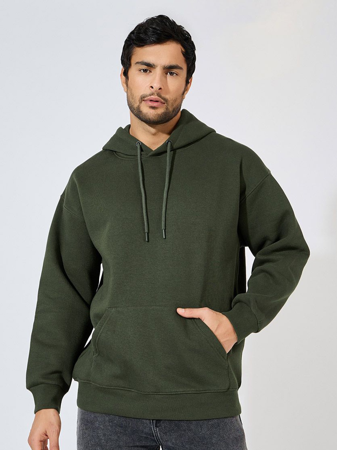 

Styli Men Boxy Fit Solid Heavy Weight Fleece Hoodie, Olive