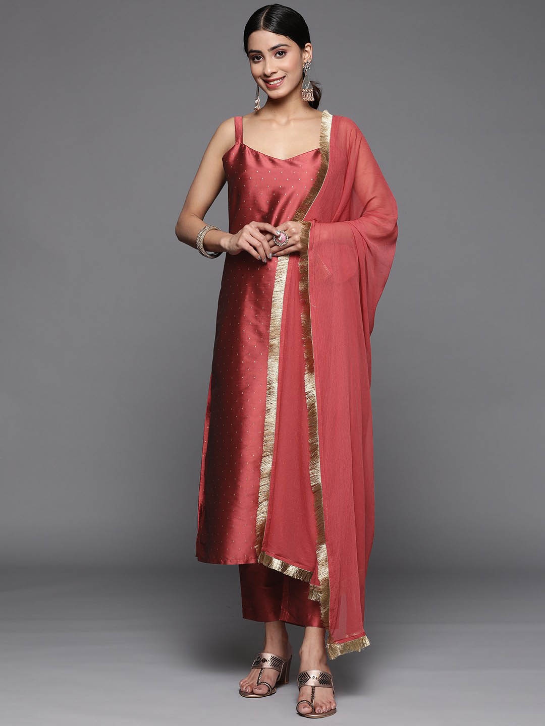 

Shedika Women Printed Regular Kurta with Trousers & With Dupatta, Red