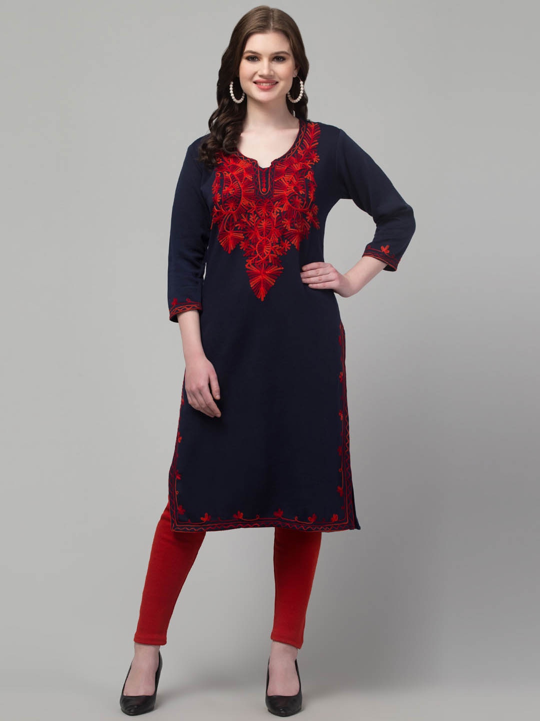 

Trend Level Women Embroidered Woollen Kurta, Navy blue