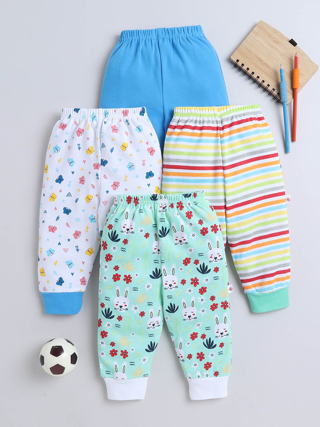 

BUMZEE Infant Girls Pack Of 4 Printed Cotton Mid-Rise Joggers, Blue