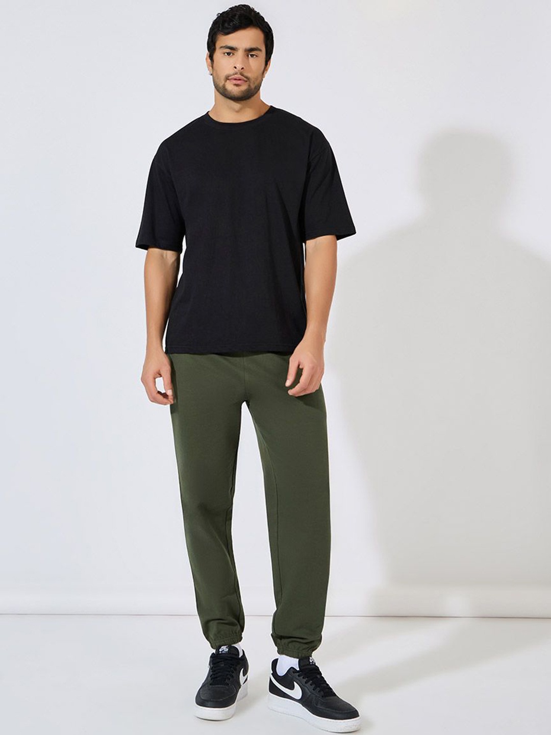 Styli Men Oversized Fit Pure Cotton Elasticated Hem Joggers, Olive