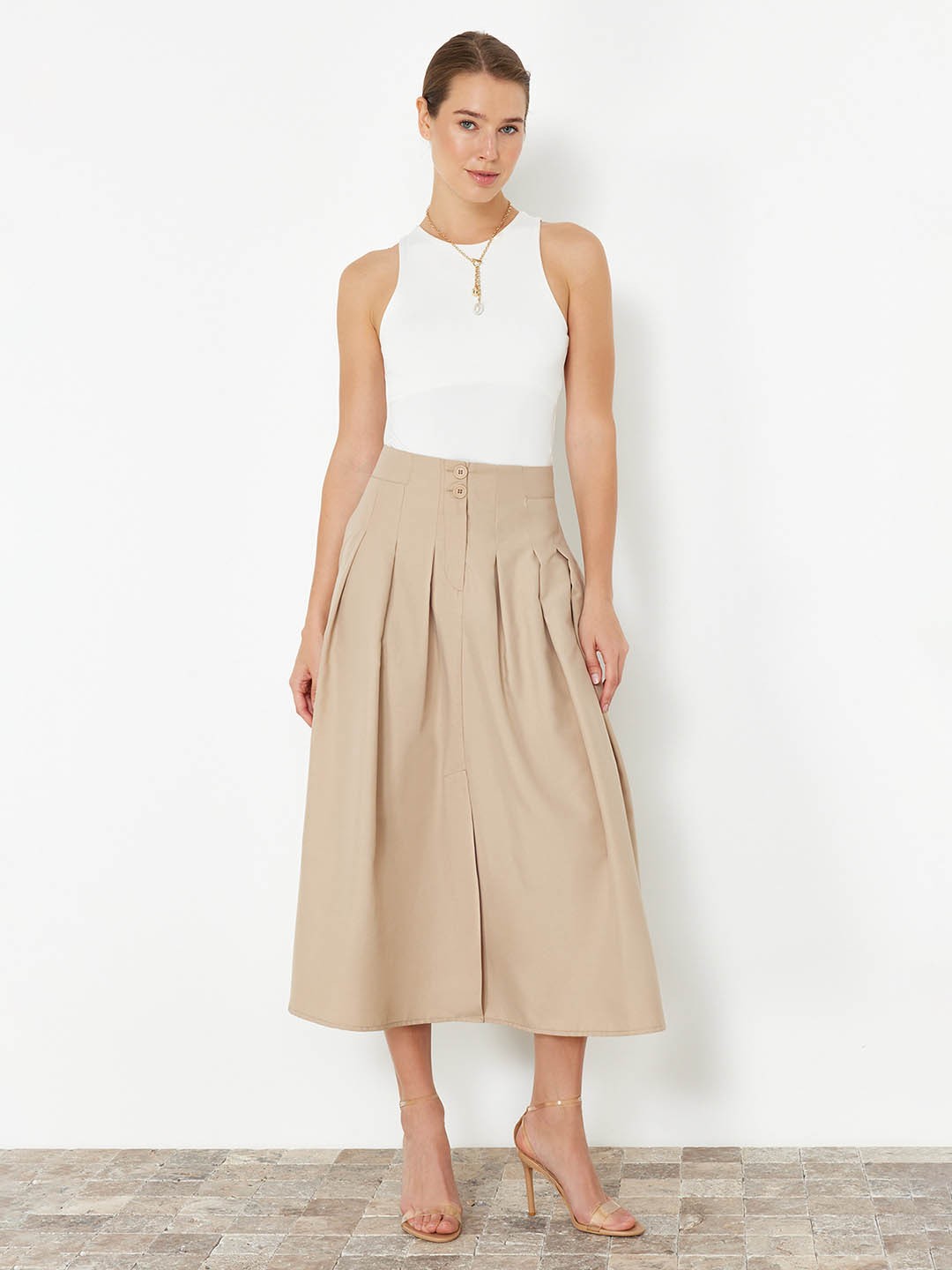 

Trendyol Pleated A-Line Midi Skirts, Beige