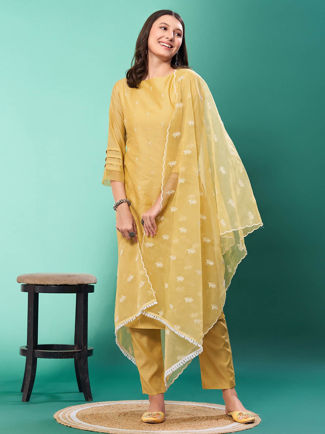 

KALINI Women Floral Embroidered Regular Thread Work Chanderi Silk Kurta with Trousers & With Dupatta, Yellow