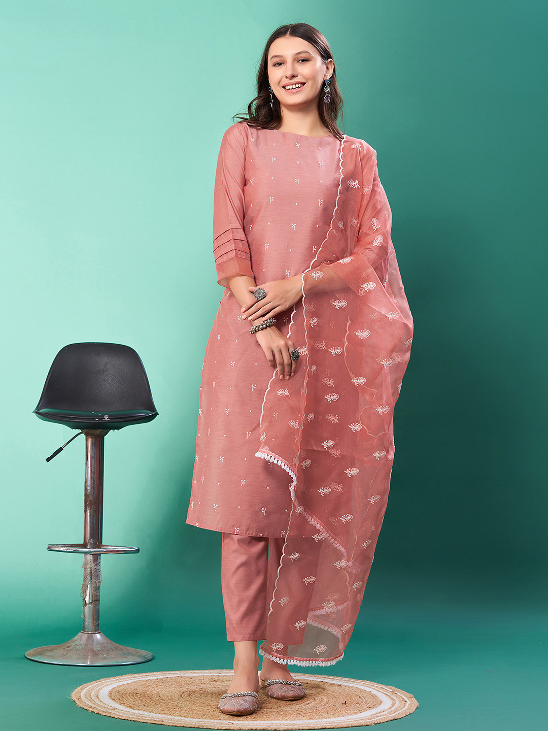 

KALINI Women Floral Embroidered Regular Thread Work Chanderi Silk Kurta with Trousers & With Dupatta, Peach