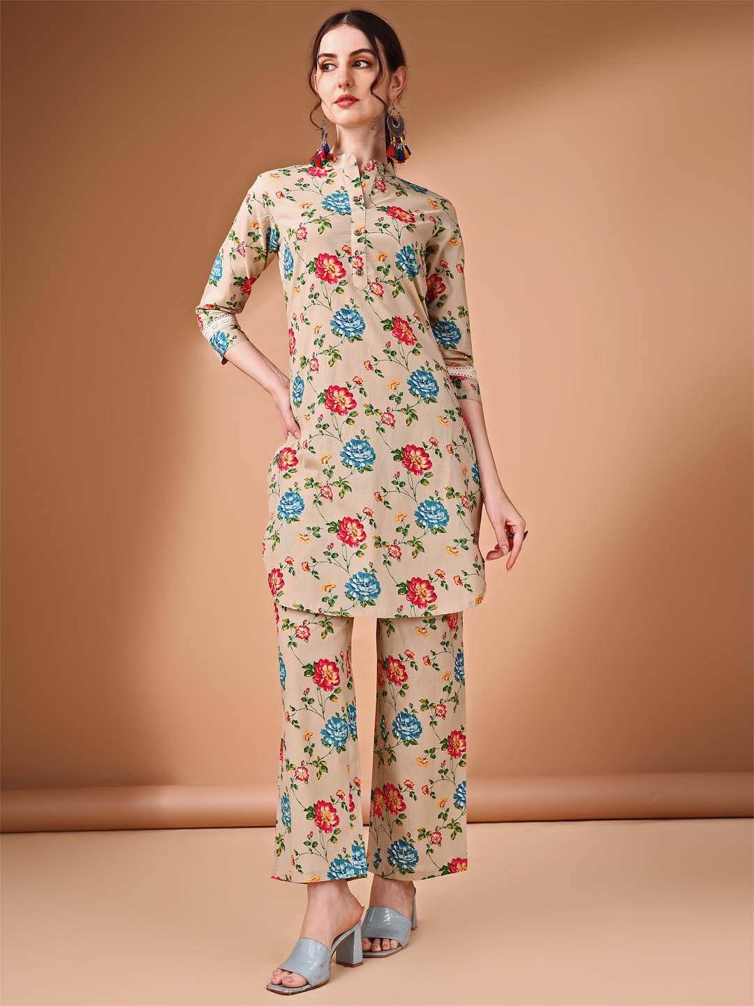 

Anouk Floral Printed Pure Cotton Top With Trousers Co-Ords, Beige