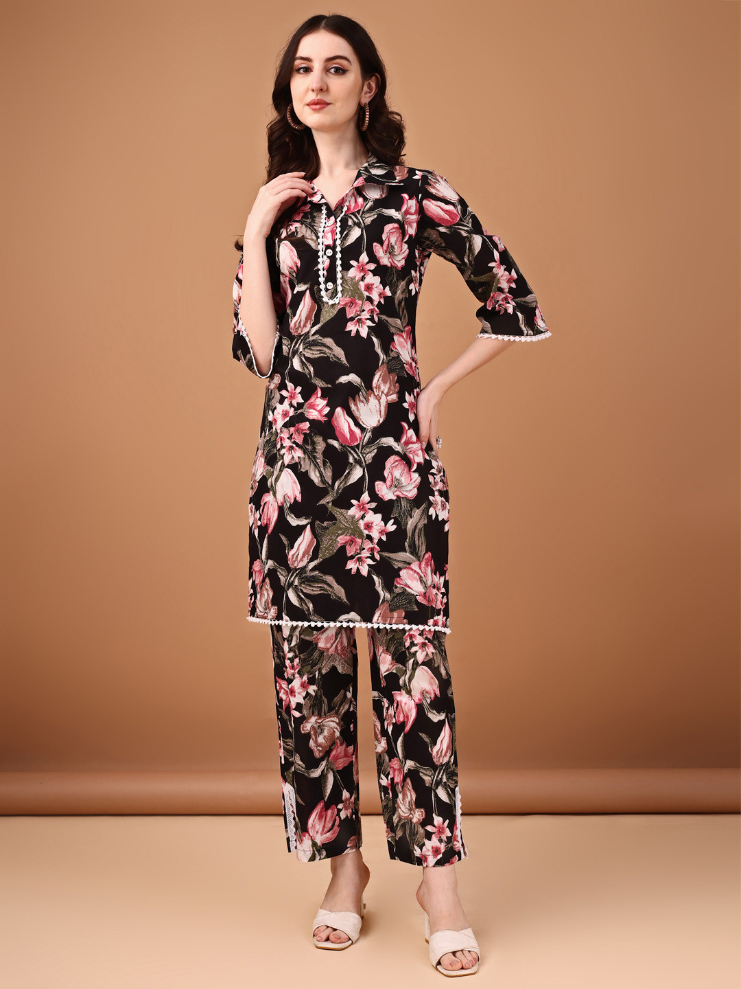 

Anouk Printed Pure Cotton Top With Trousers Co-Ords, Black