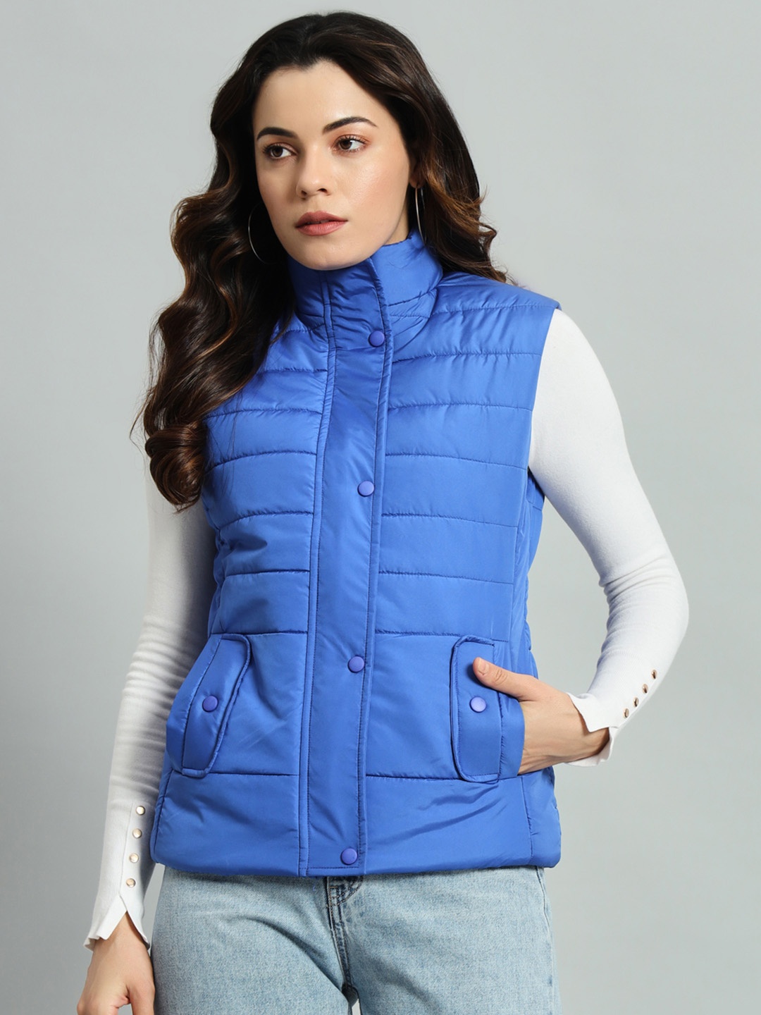 

AR-FIT Women Polyester Water Resistant Puffer Jacket with Patchwork, Blue