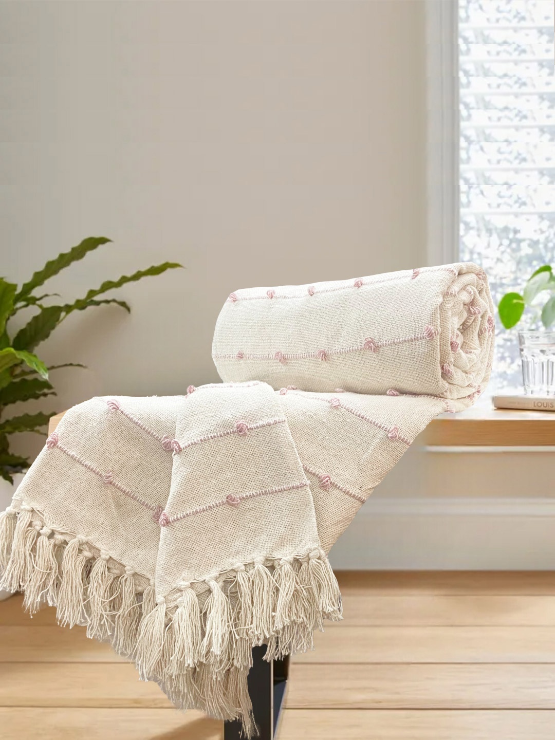 

SAJAVAT Beige & Pink Self Design Pure Cotton Throw Blanket