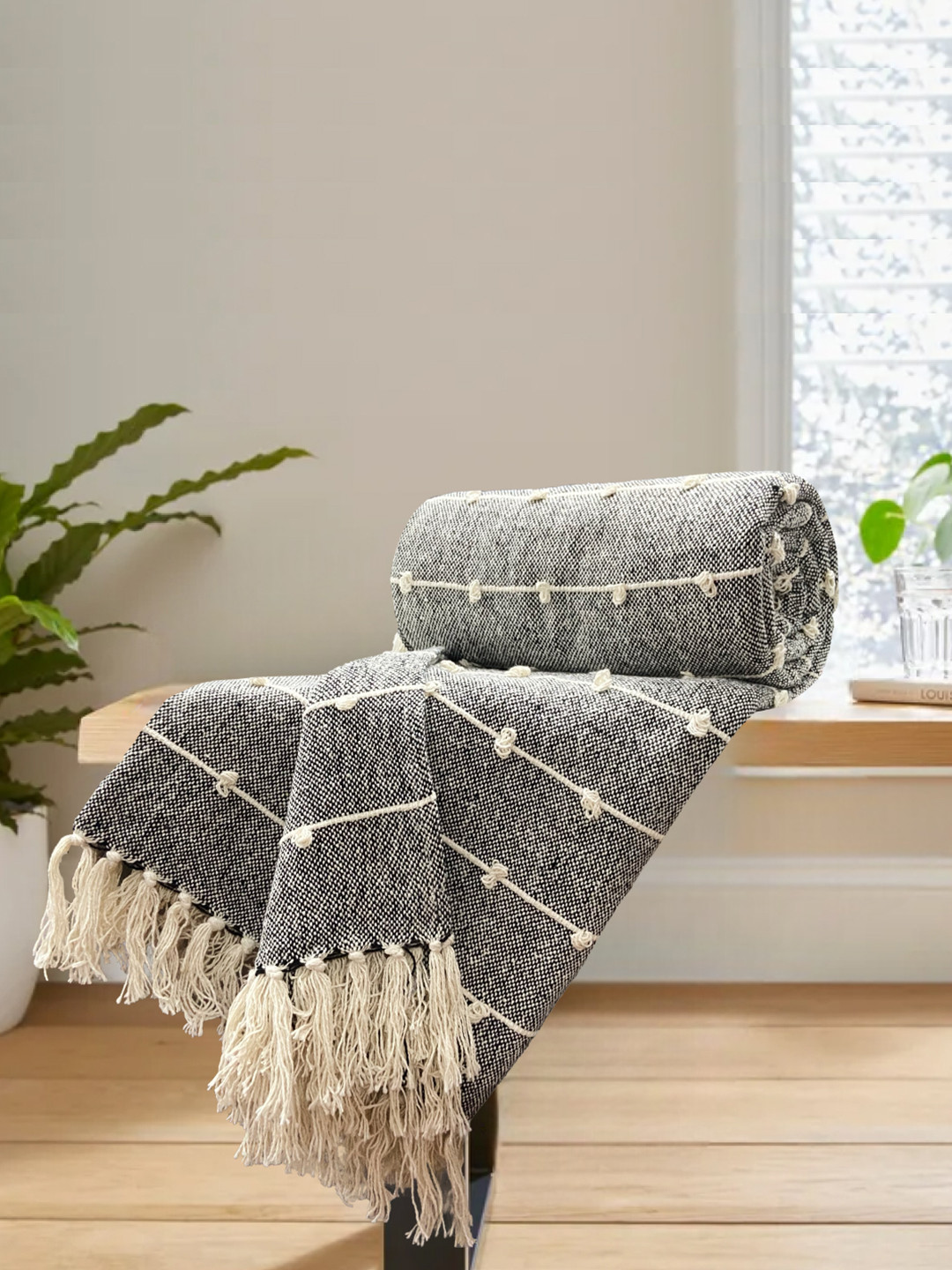 

SAJAVAT Black & Beige Self-Design Pure Cotton Throw Blanket