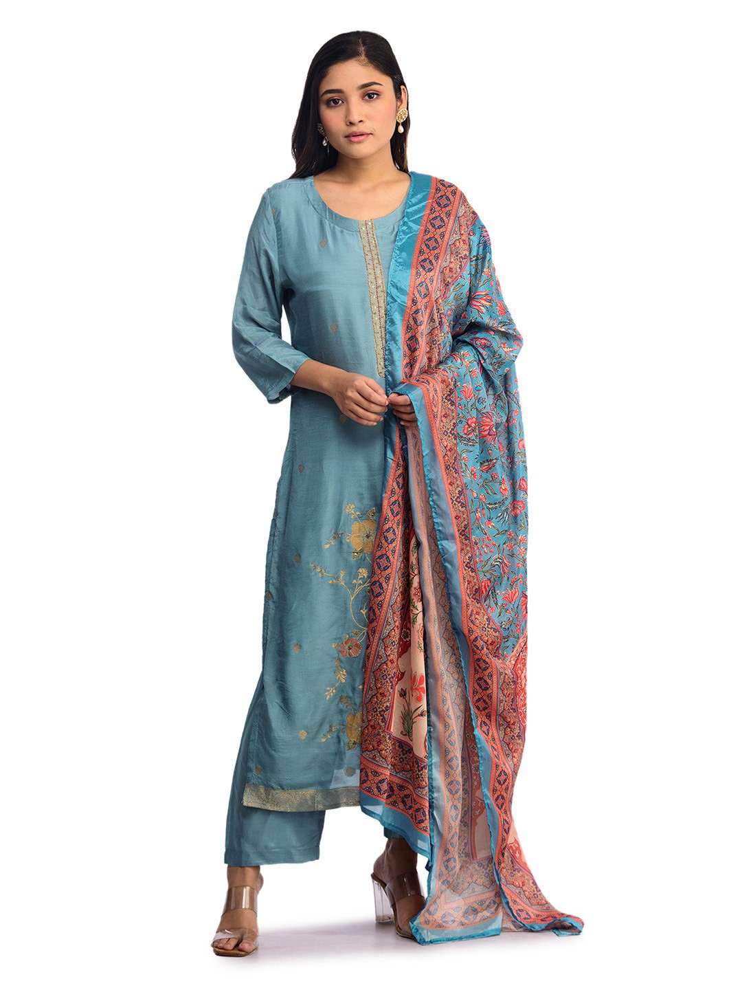 

ISHKIYA Women Floral Printed Regular Kurta with Palazzos & With Dupatta, Blue