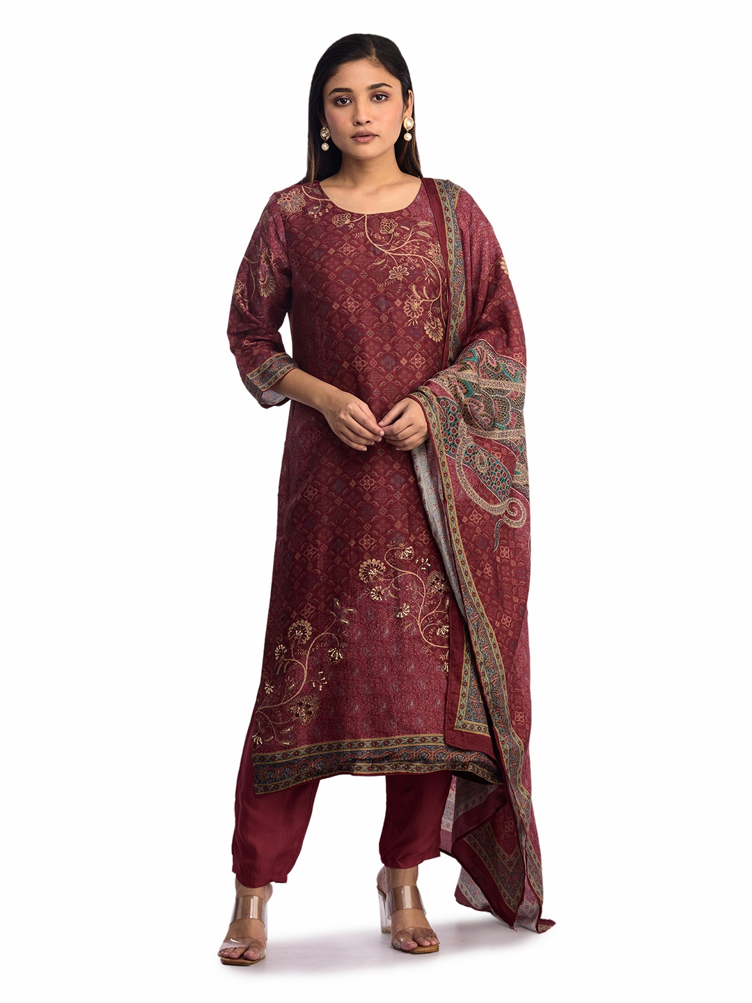 

ISHKIYA Women Floral Printed Regular Kurta with Trousers & With Dupatta, Maroon