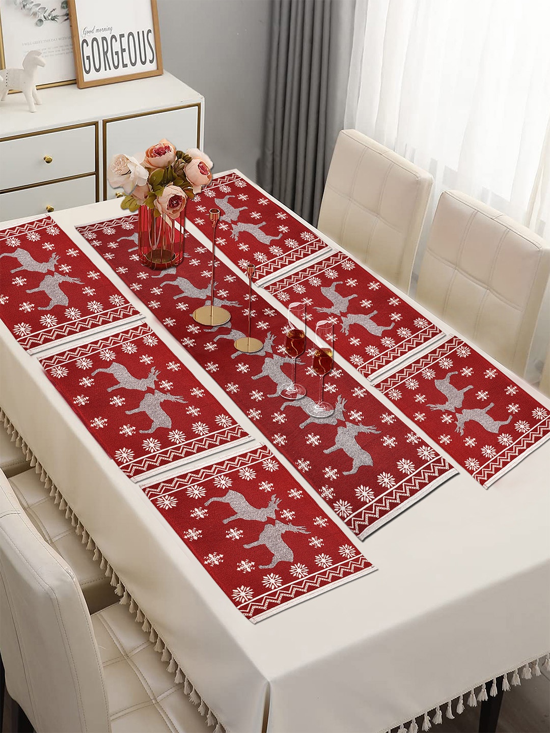 

ANA Red & White 7 Pieces Woven Christmas Deer Table Placemats With Runner Set