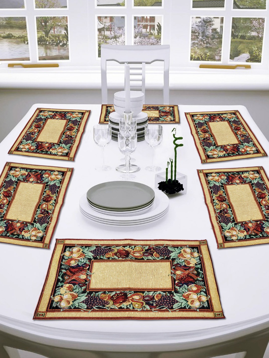 

ANA Beige & Blue 6 Pieces Jacquard Woven Floral Table Placemats