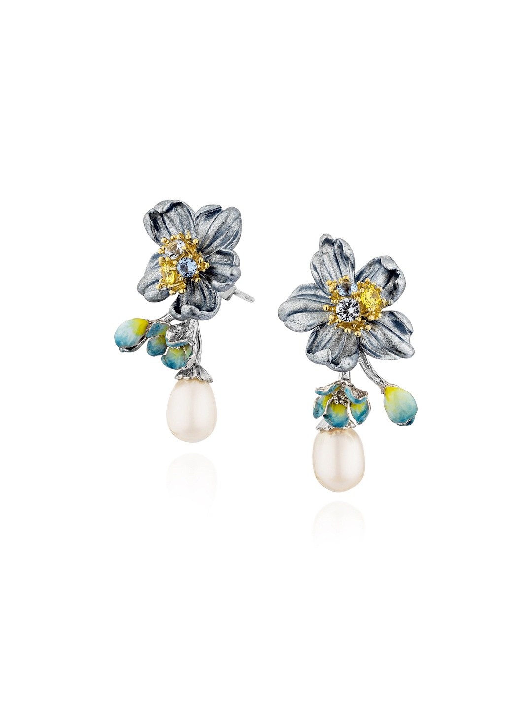 

MISS JO 925 Sterling Silver Rhodium Plated Magnolia Artificial Stones Studded Earrings, Blue