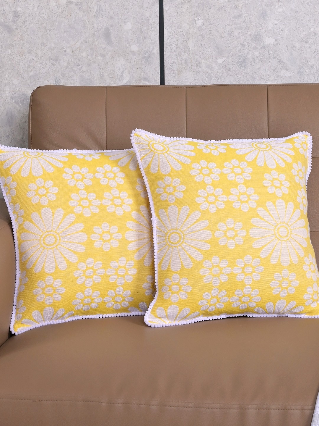 

Saral Home Yellow & White 2 Pieces Chitki Floral Printed Cotton Square Cushion Covers