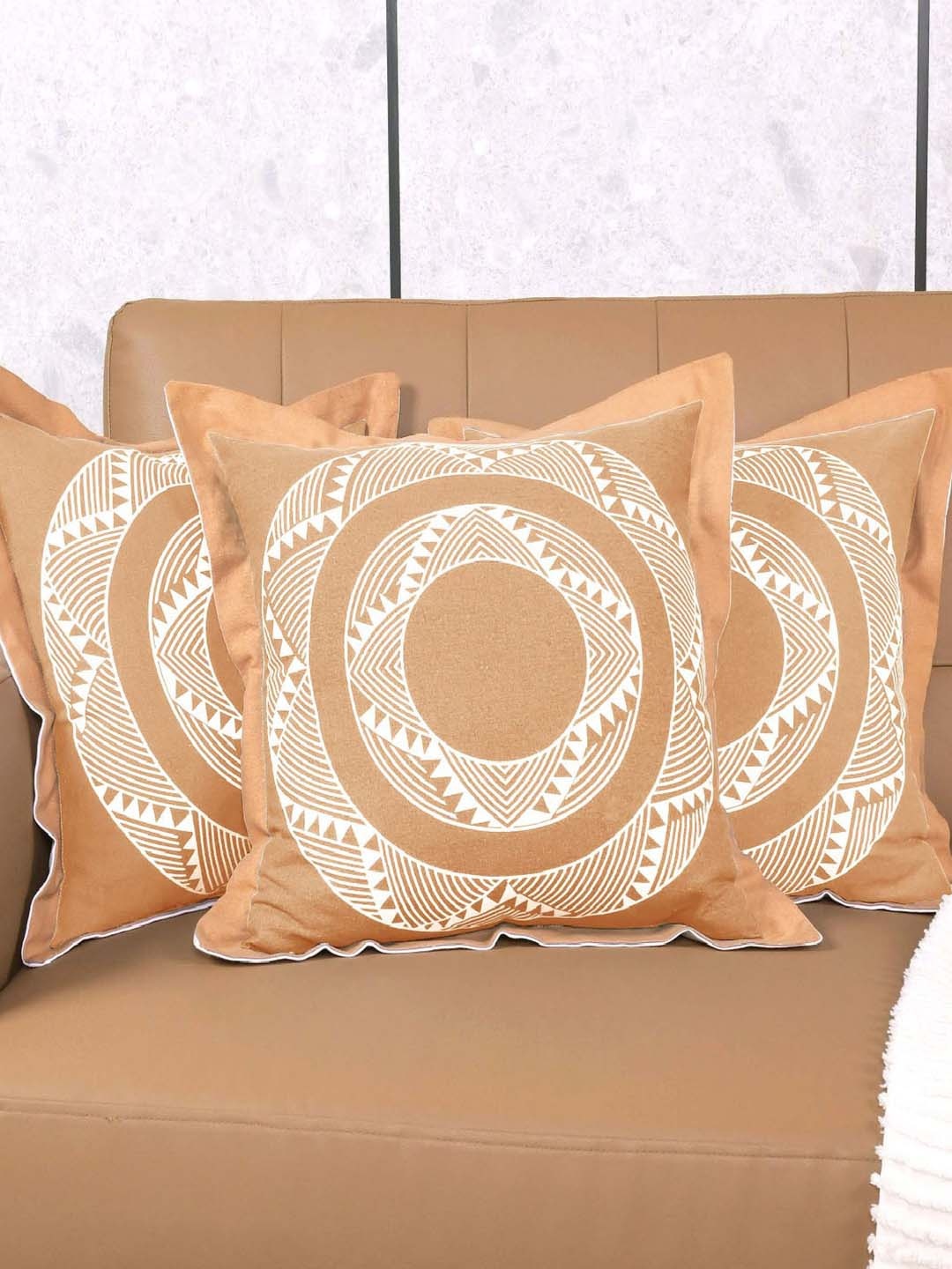 

Saral Home Beige & White 3 Pieces Geometric Mela Cotton Square Cushion Covers