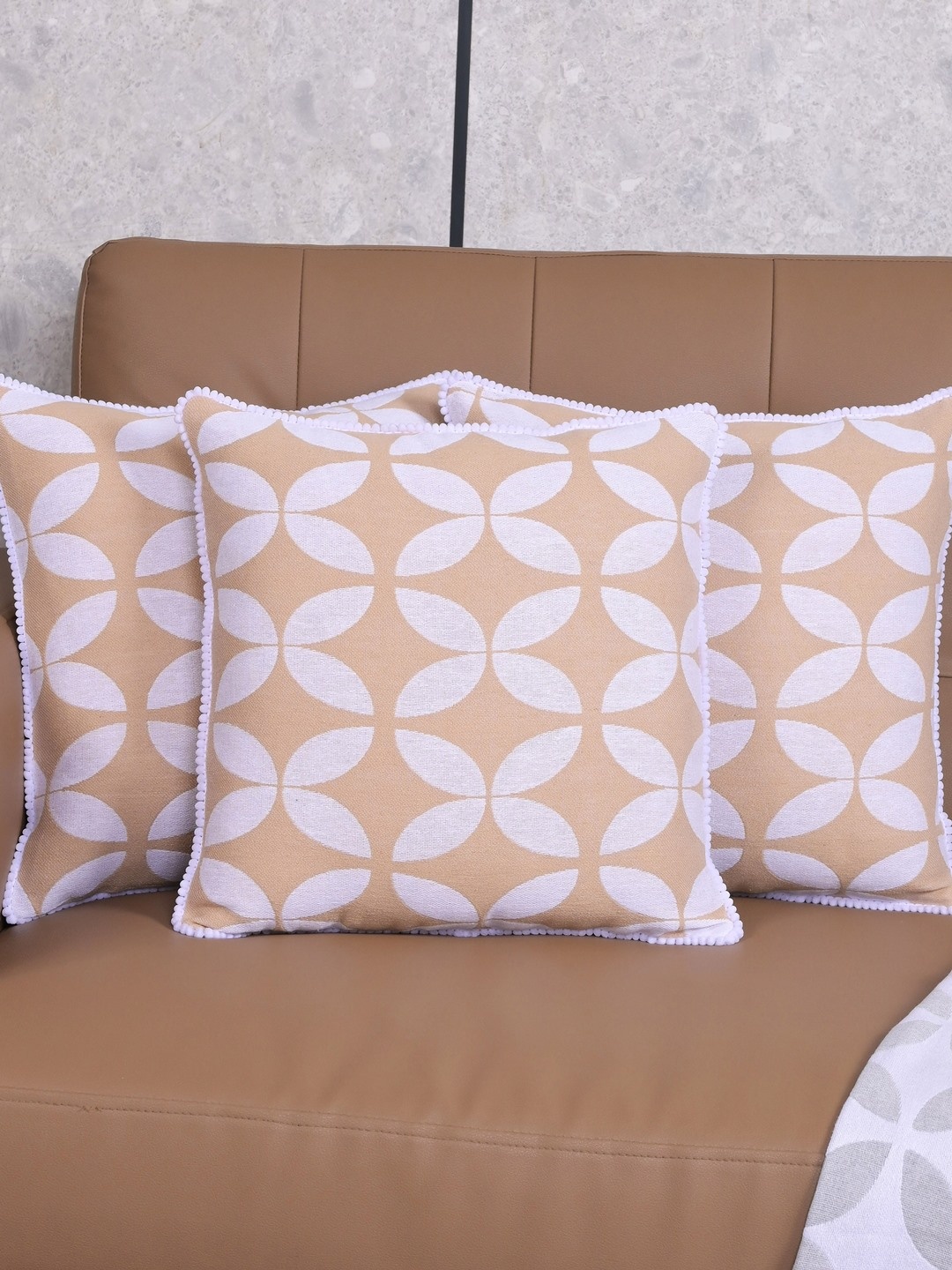 

Saral Home Beige & White 3 Pieces Geometric Dhadki Cotton Square Cushion Covers