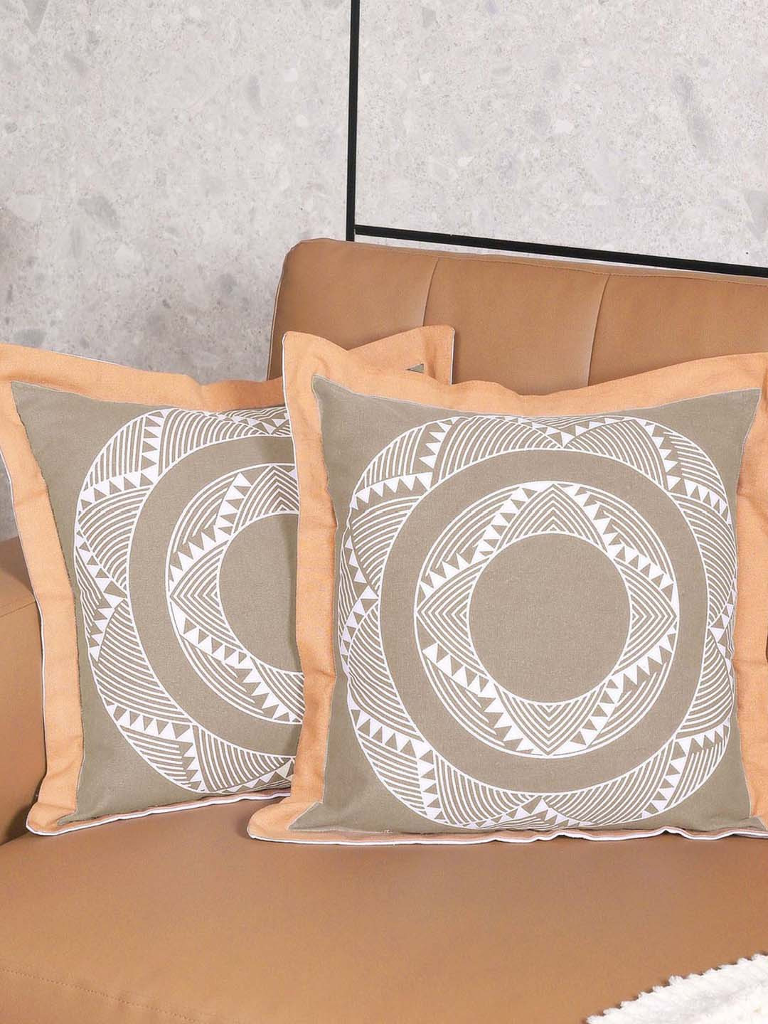 

Saral Home Beige & White 2 Pieces Geometric Mela Cotton Square Cushion Covers