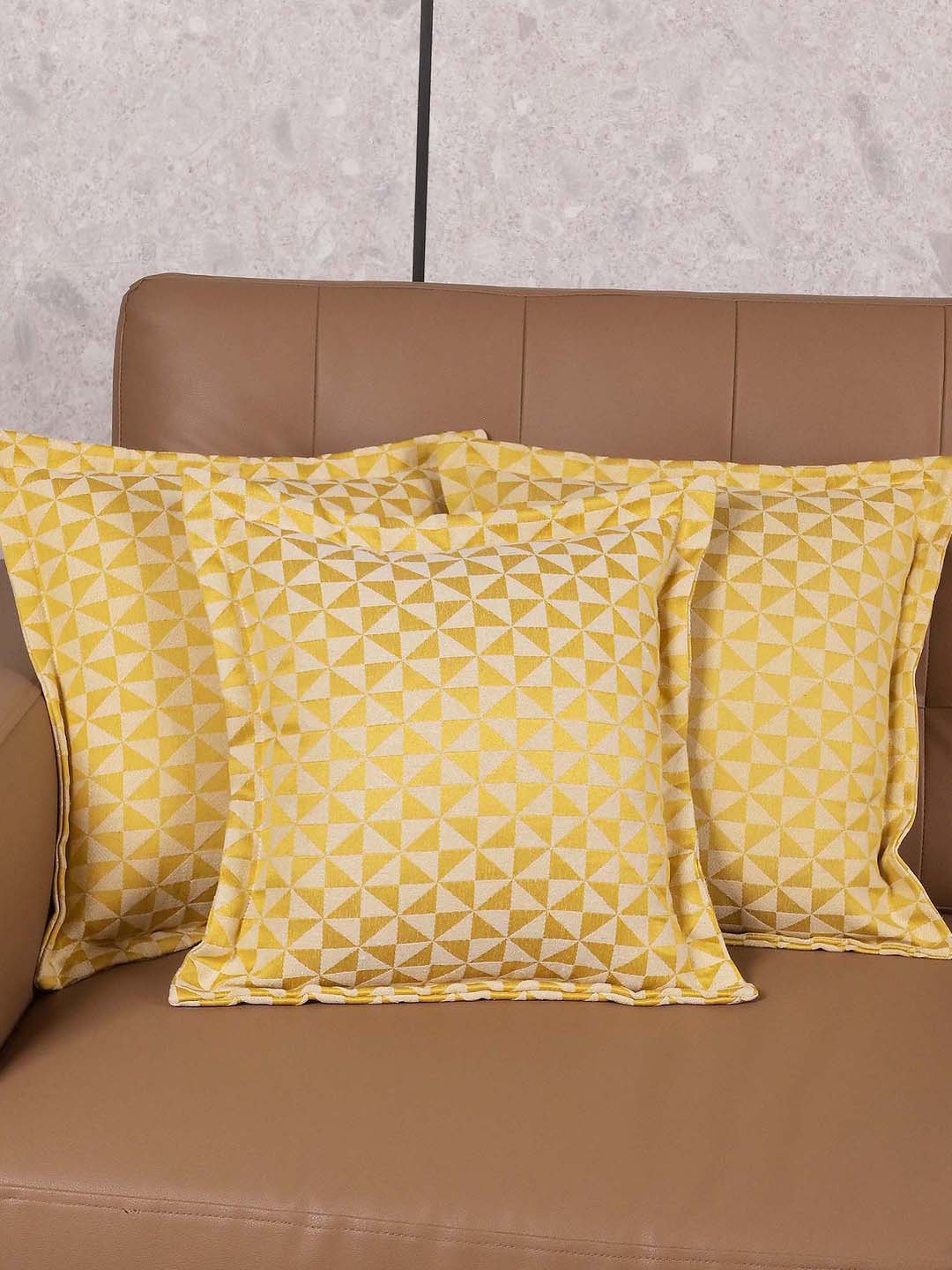 

Saral Home Yellow & White 3 Pieces Geometric Firki Cotton Square Cushion Covers