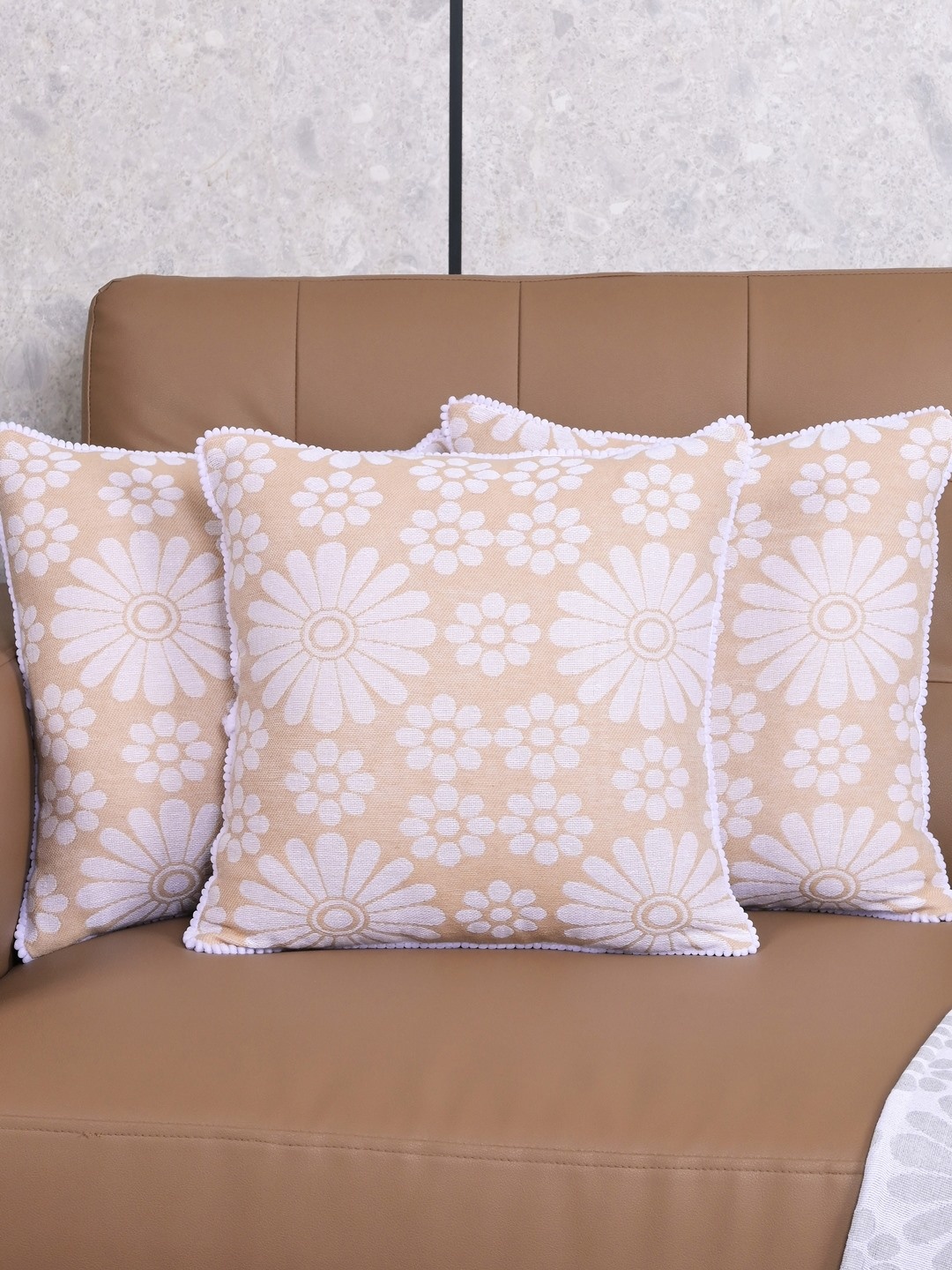 

Saral Home Beige & White 3 Pieces Chitki Floral Cotton Square Cushion Covers