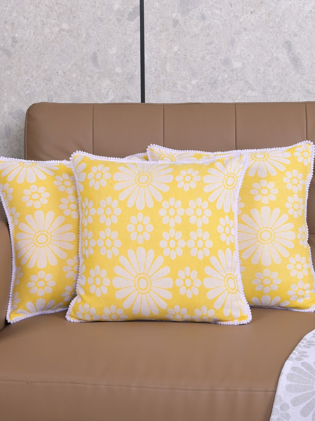 

Saral Home Yellow & White 3 Pieces Chitki Floral Square Cushion Covers