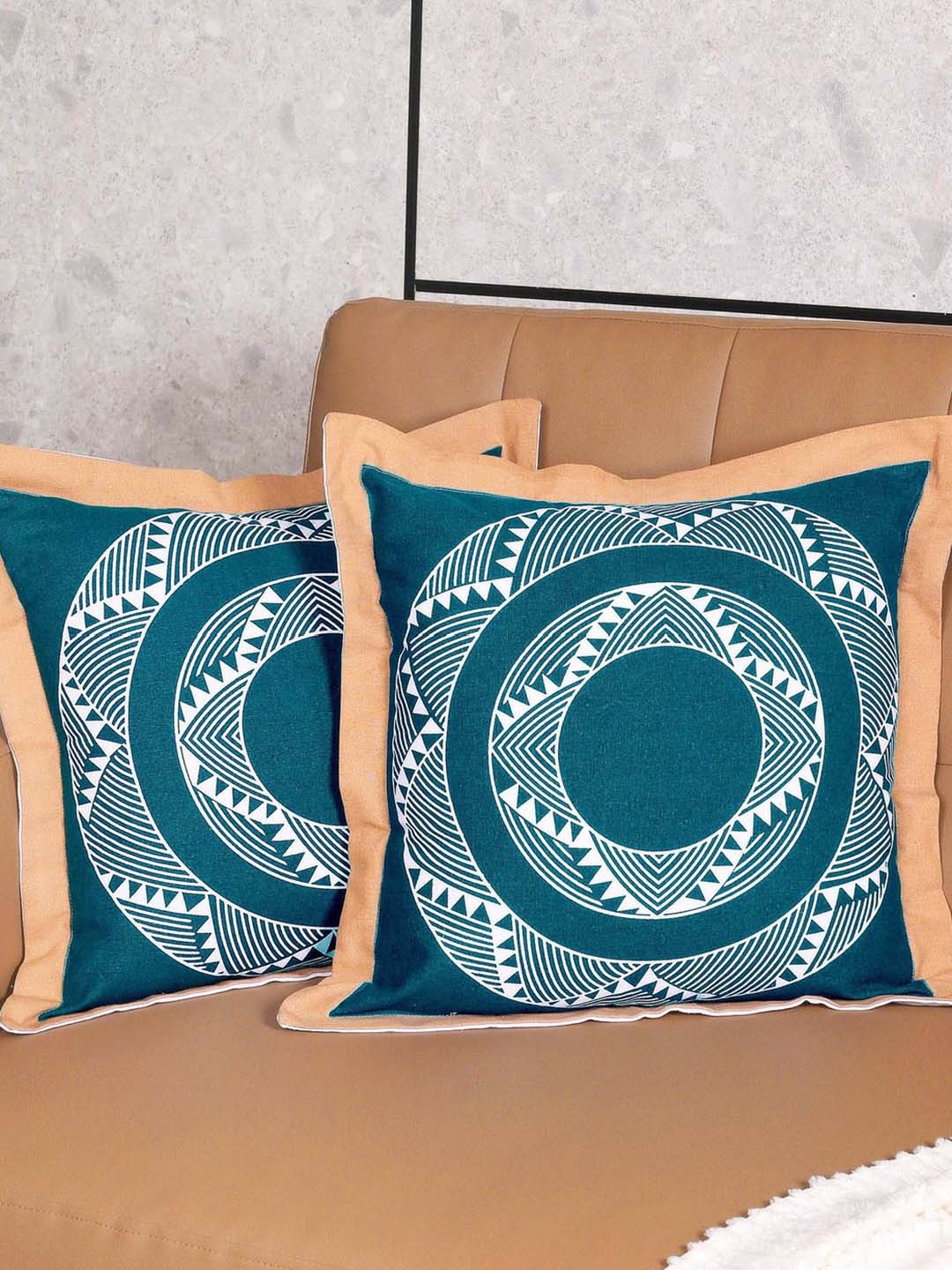 

Saral Home Teal Blue & White 2 Pieces Geometric Mela Cotton Square Cushion Covers