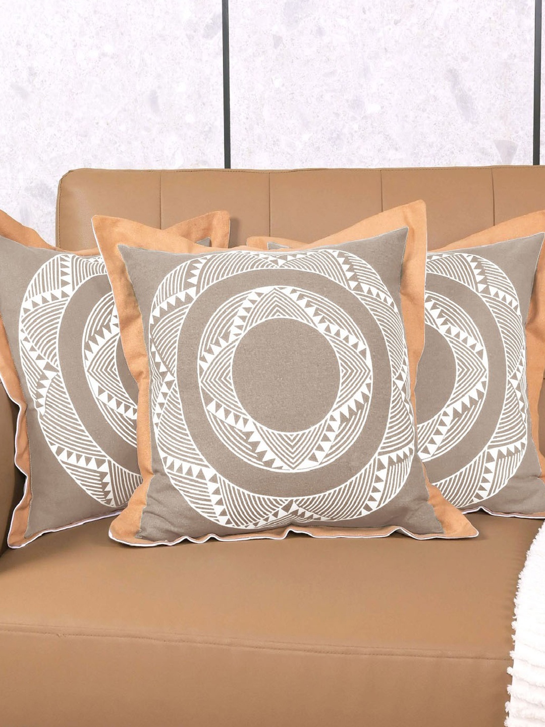

Saral Home Beige & White 3 Pieces Geometric Mela Cotton Square Cushion Covers