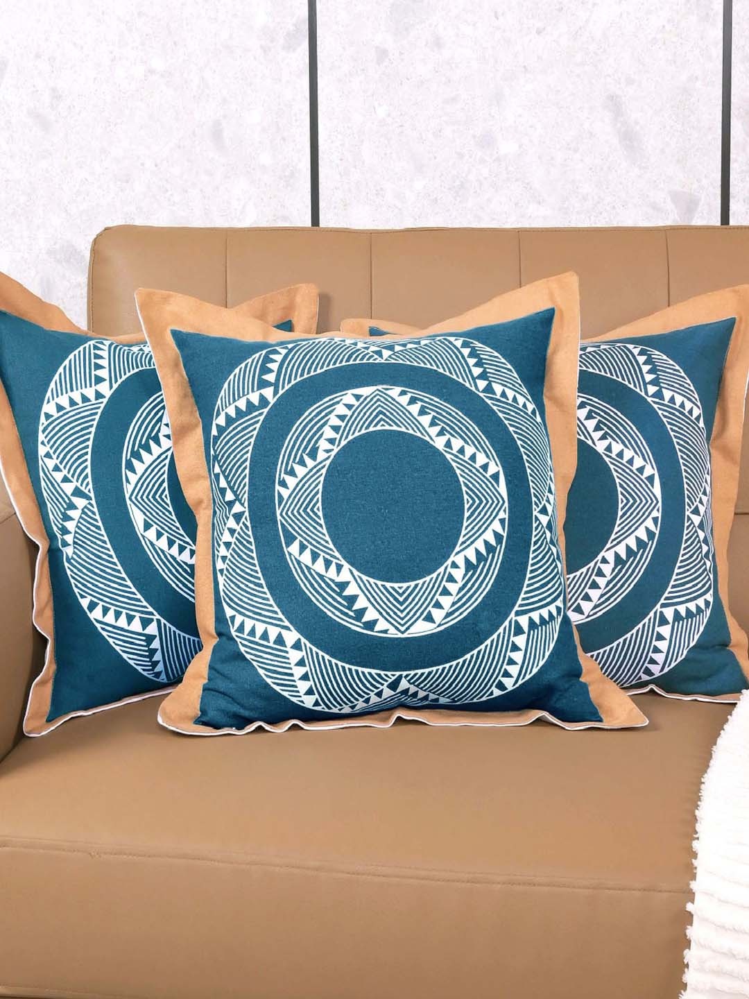 

Saral Home Teal Blue & White 3 Pieces Geometric Mela Cotton Square Cushion Covers