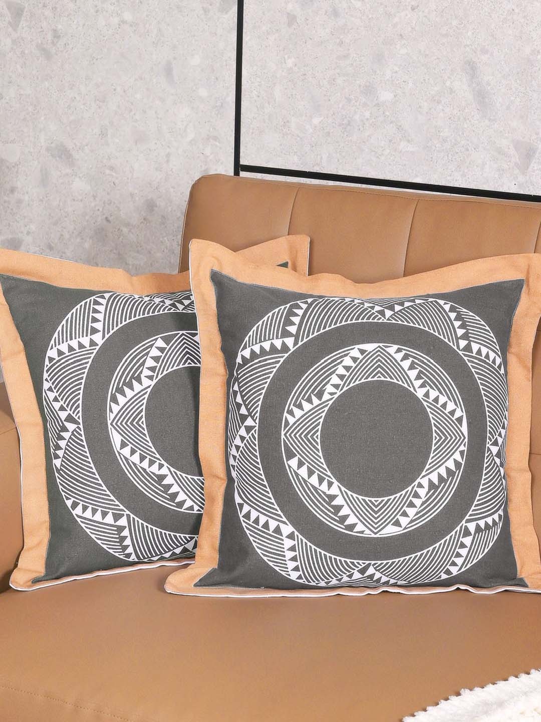 

Saral Home Brown & White 2 Pieces Geometric Mela Cotton Square Cushion Covers