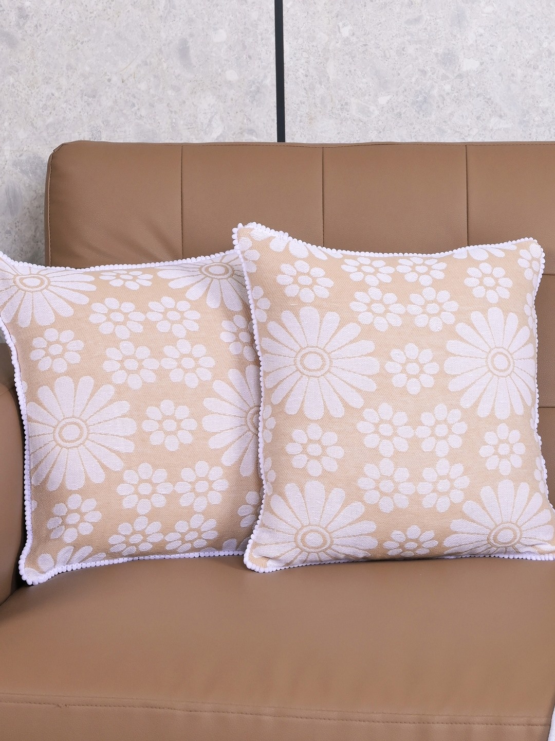 

Saral Home Beige & White 2 Pieces Chitki Floral Cotton Square Cushion Covers