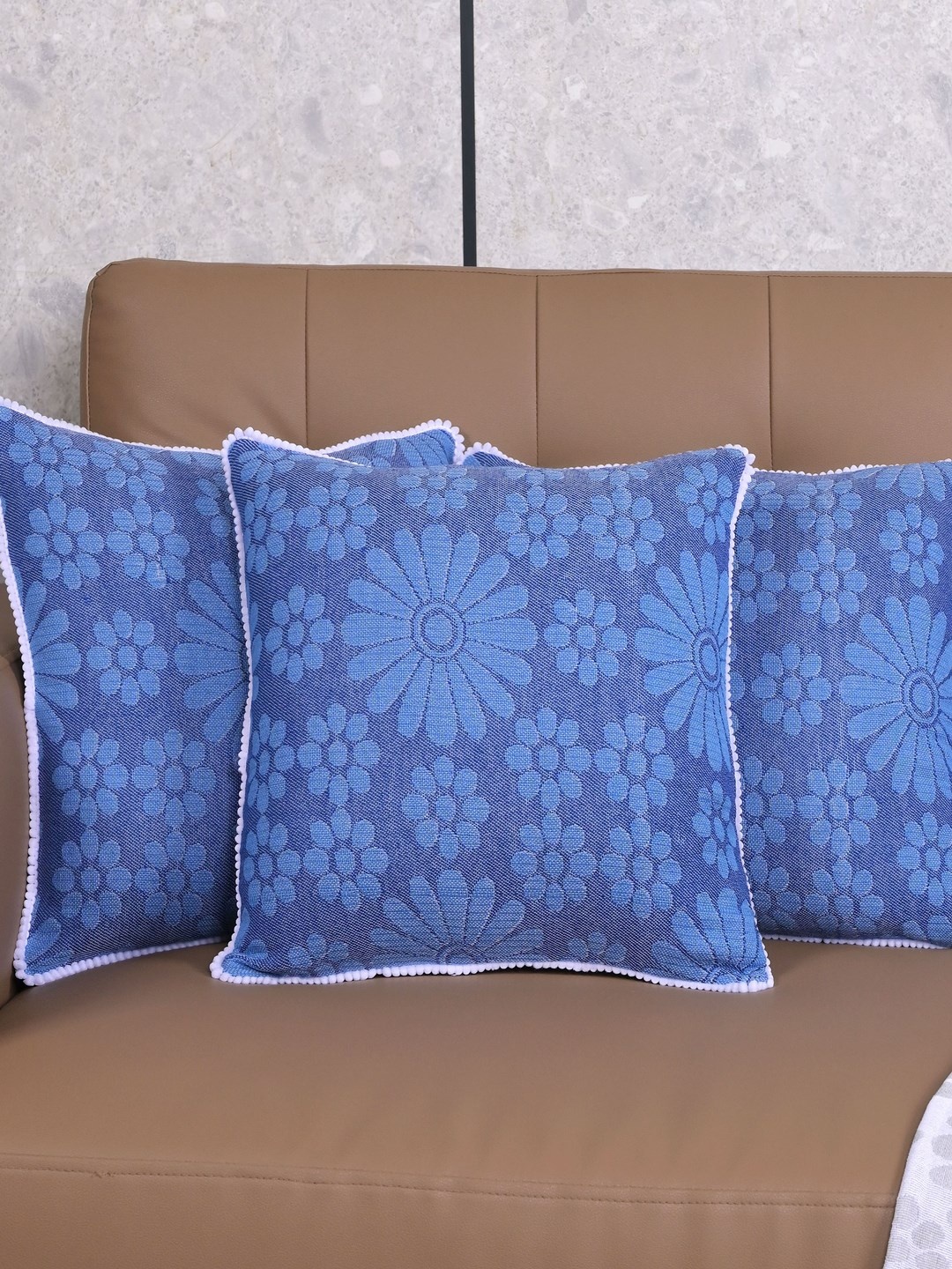 

Saral Home Blue & White 3 Pieces Chitki Floral Cotton Square Cushion Covers