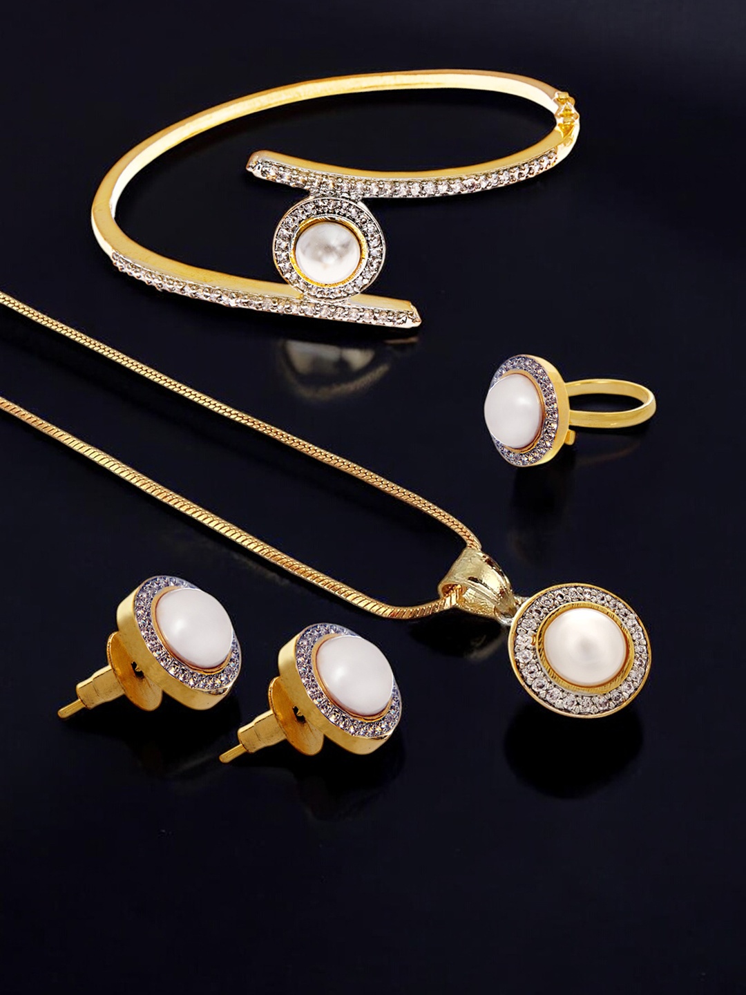 

LUCKY JEWELLERY Gold Plated American Diamond Studded Jewellery Set