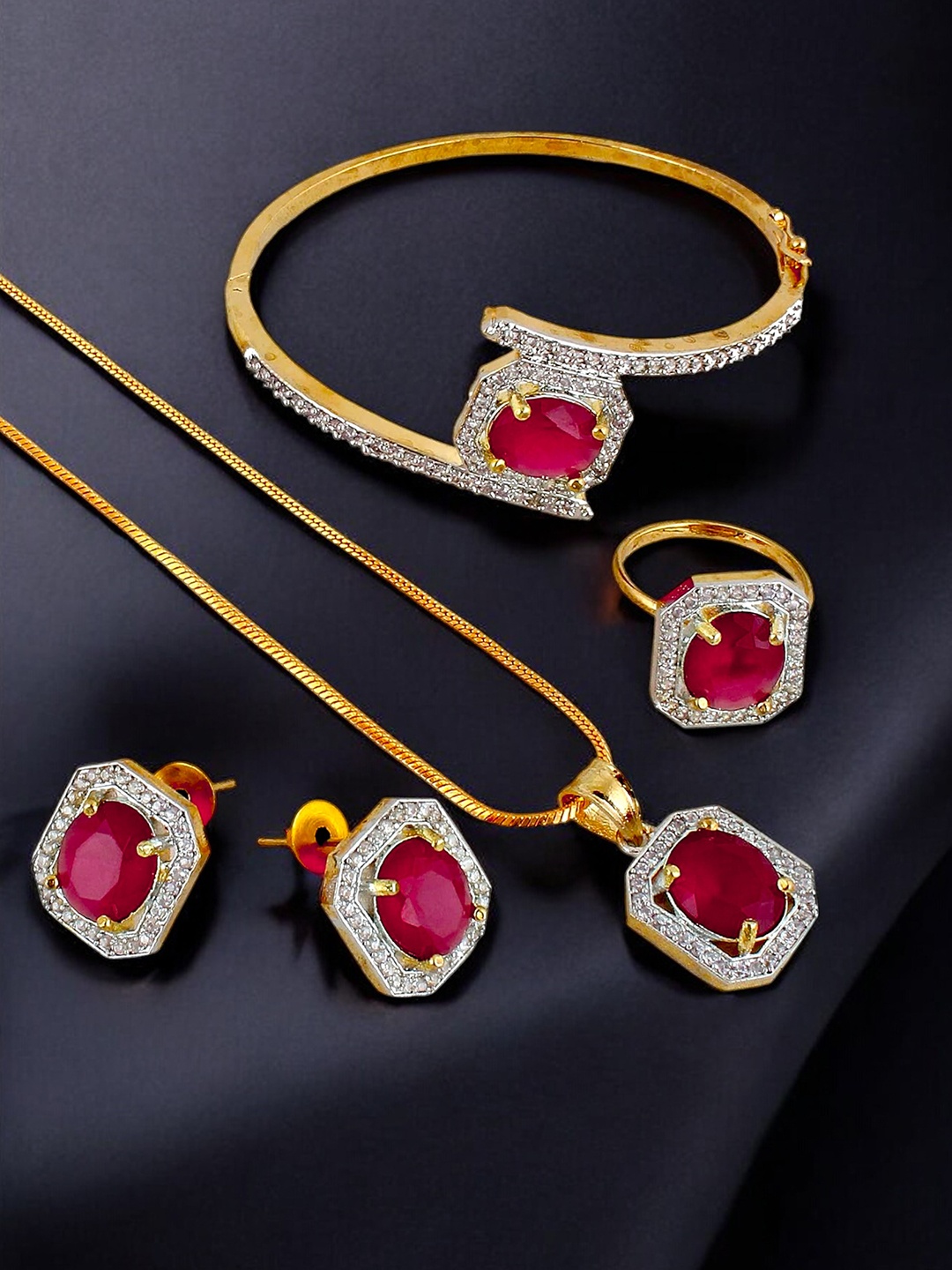 

LUCKY JEWELLERY Gold-Plated American Diamond Stone-Studded Jewellery Set, White