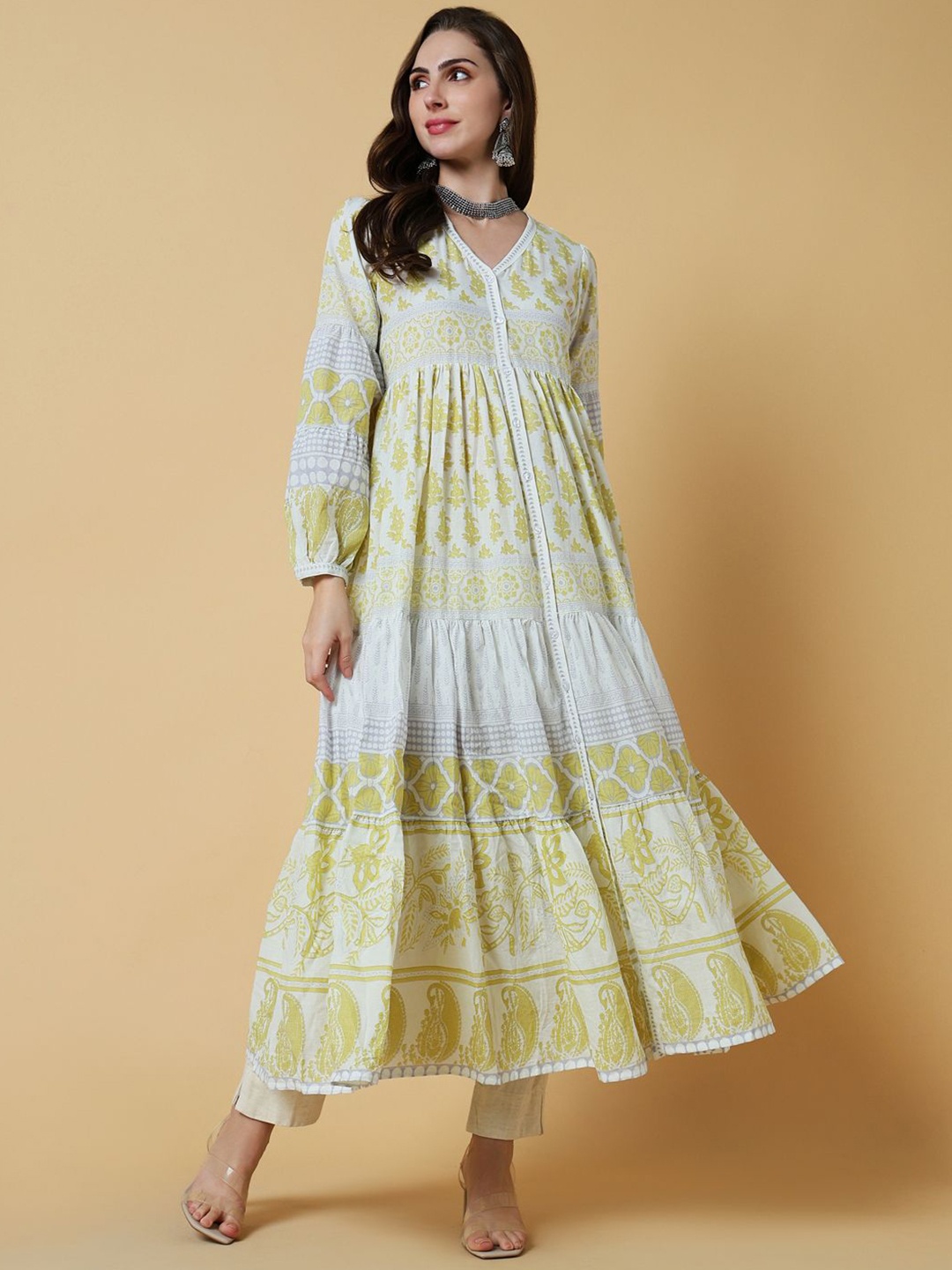 

SHOWOFF Floral Printed V-Neck Puff Sleeves Tiered Anarkali Cotton Kurta, Yellow