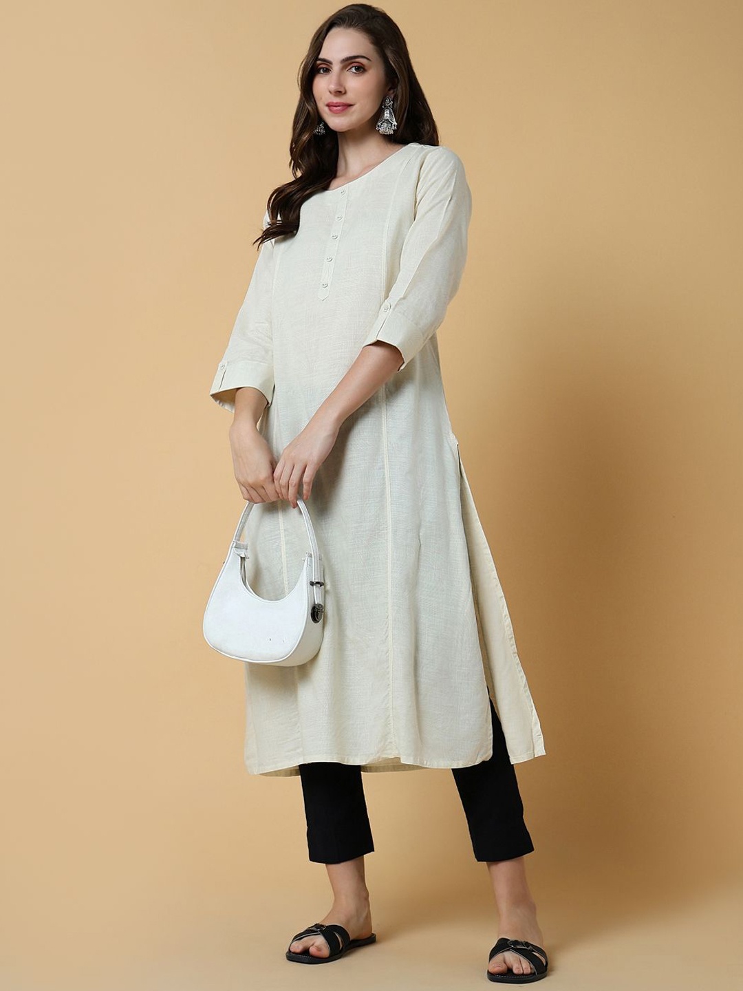 

SHOWOFF Printed Floral Cotton Straight Kurta, Cream