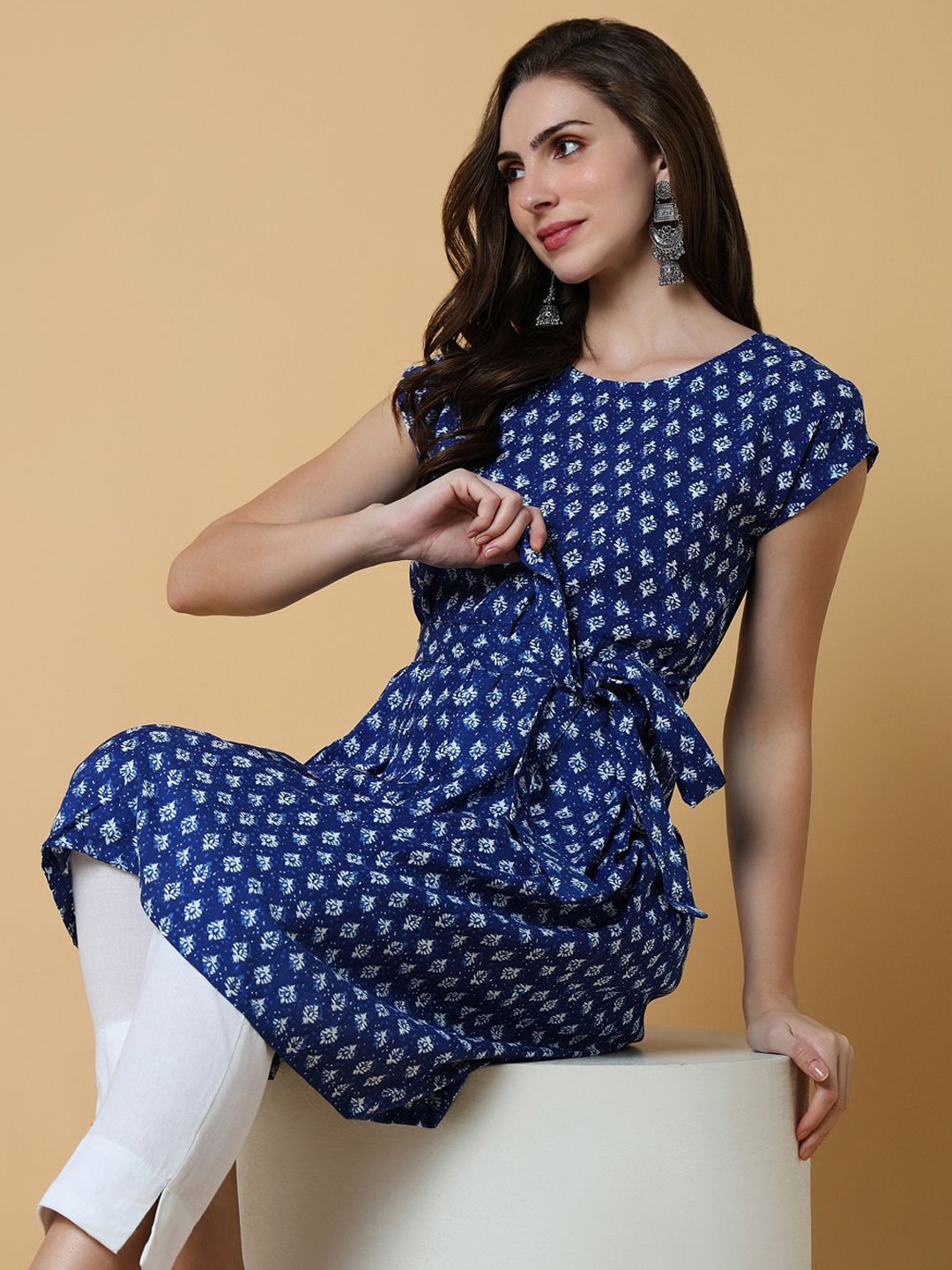 

SHOWOFF Ethnic Motifs Printed Round Neck A Line Kurta, Blue