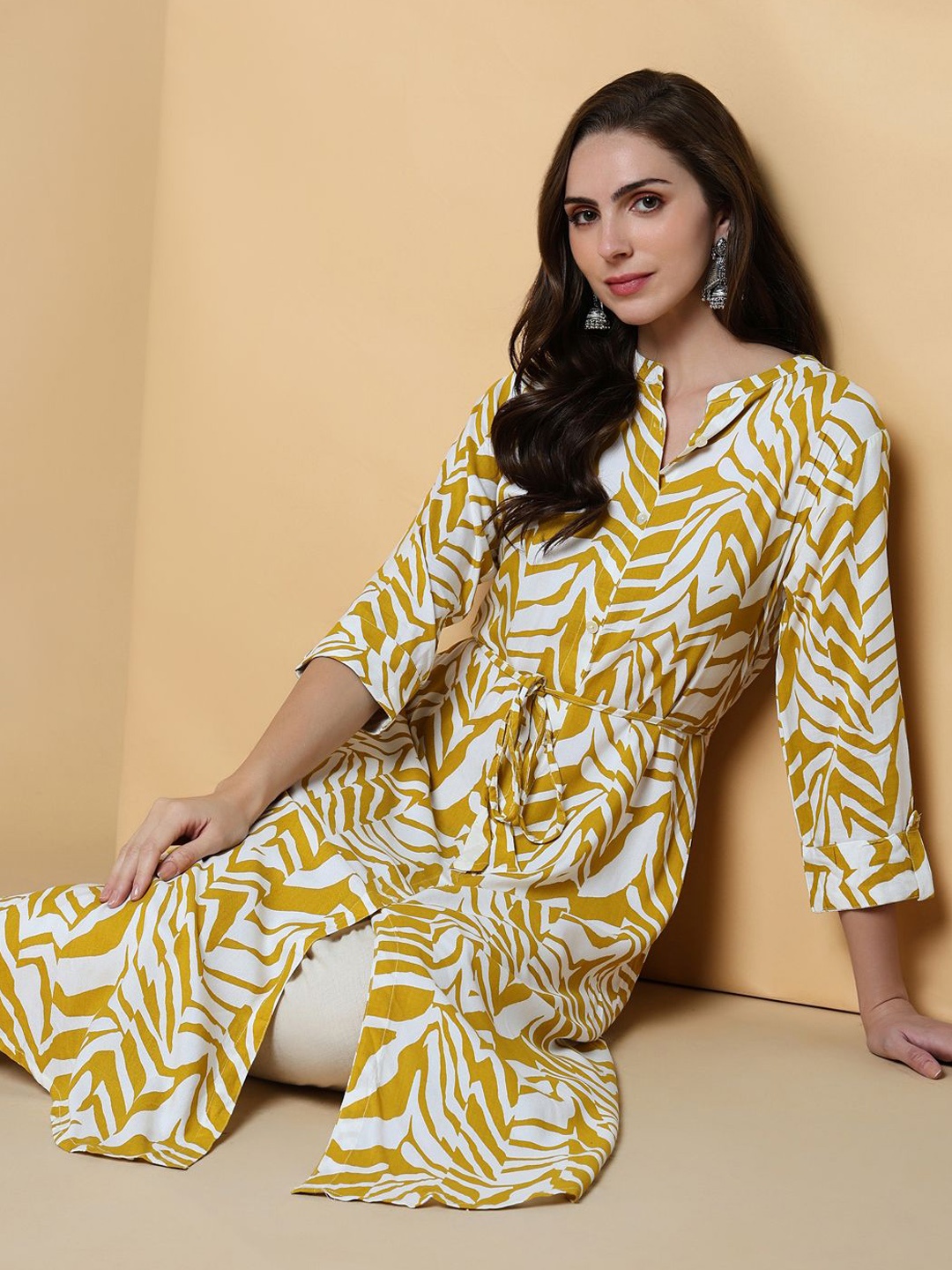 

SHOWOFF Printed Mandarin Collar Summer Sheers A-Line Kurta, Yellow