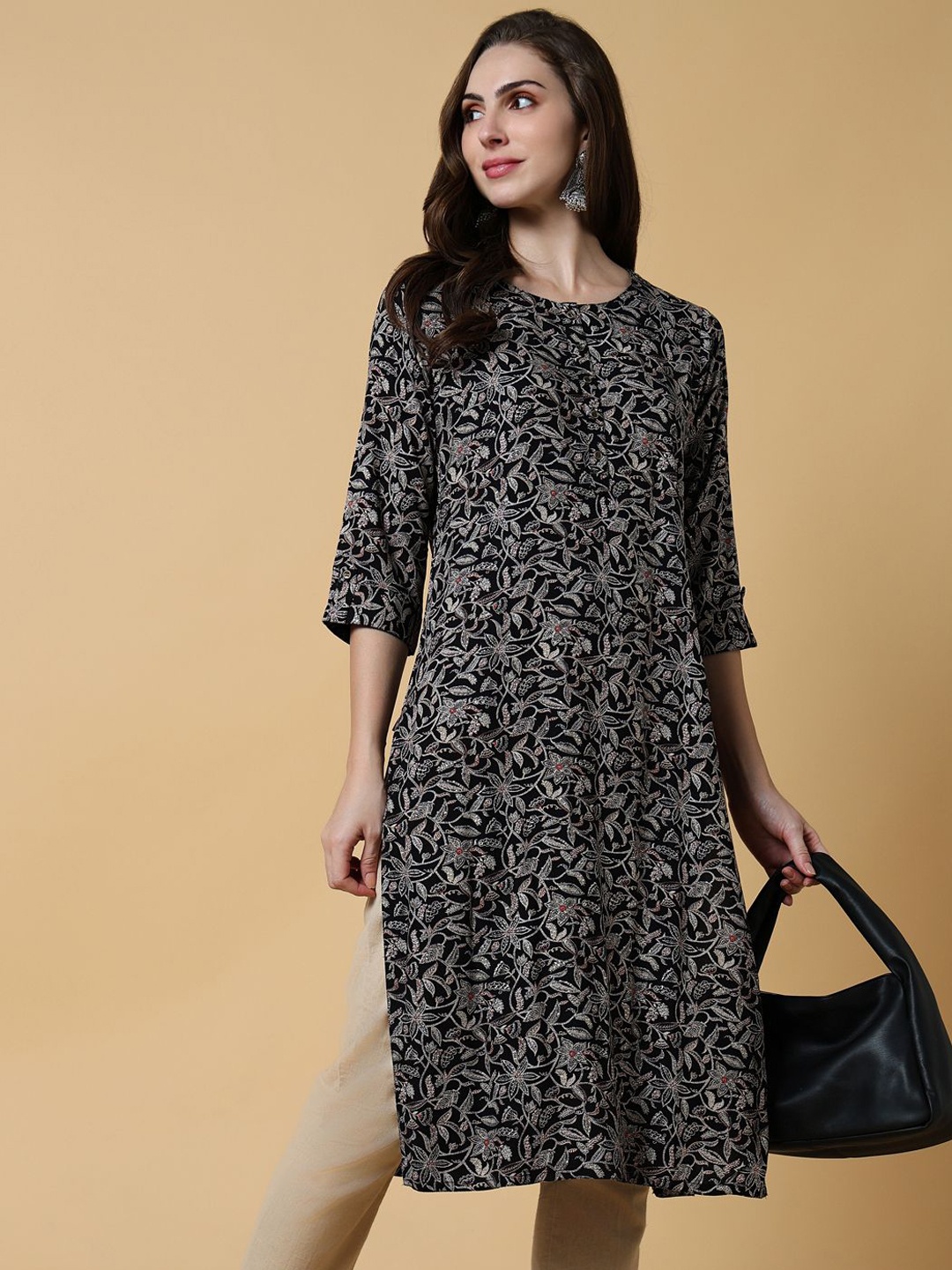 

SHOWOFF Ethnic Motifs Printed Cotton Straight Kurta, Black