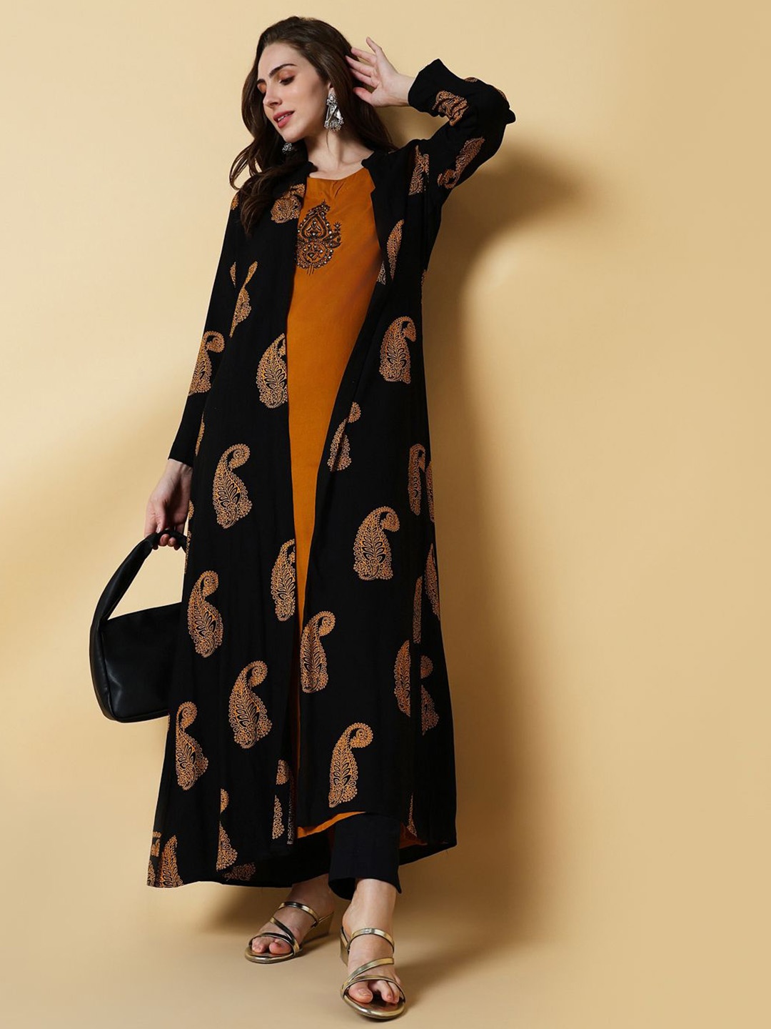 

SHOWOFF Ethnic Motifs Printed Sequinned A-Line Cotton Kurta With Shrug, Mustard