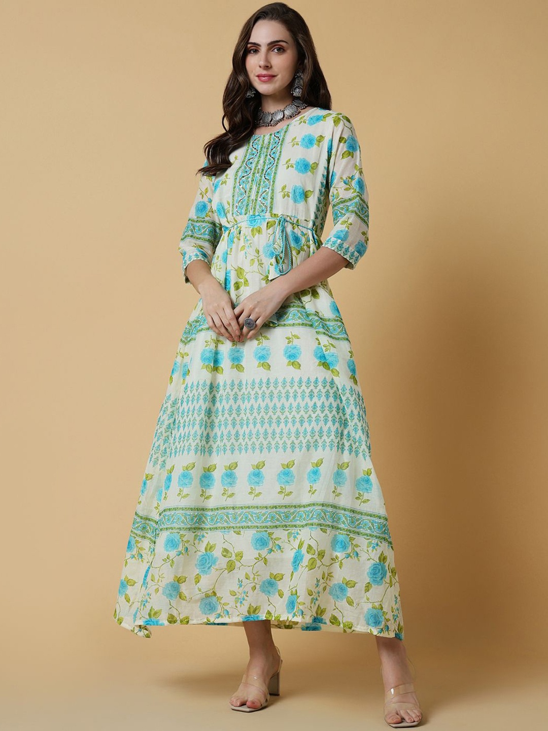 

SHOWOFF Floral Printed Sequinned Cotton A Line Kurta, Off white