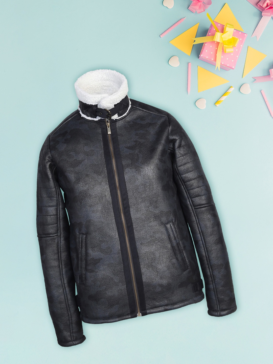 

LURE JUNIOR Boys Faux Fur Trim Suede Leather Jacket, Blue