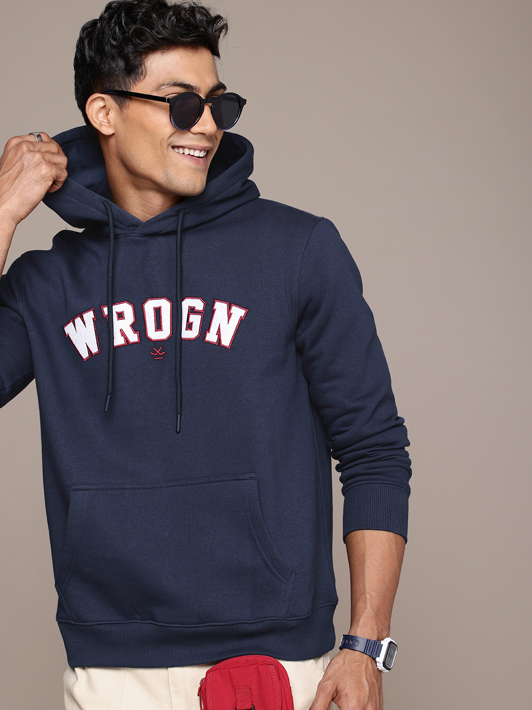 

WROGN Brand Logo Self Design Hooded Sweatshirt, Navy blue