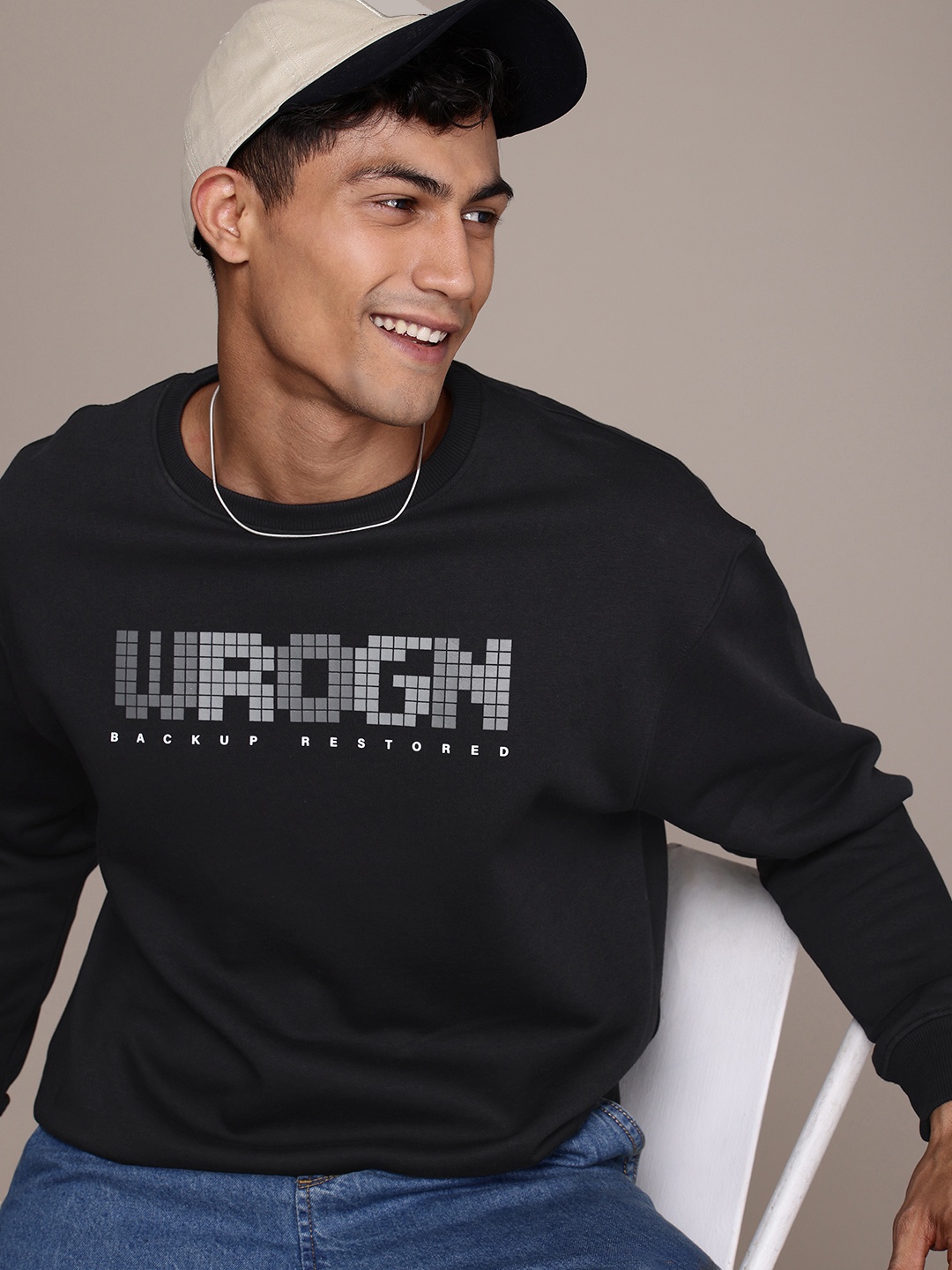 

WROGN Brand Logo Printed Oversized Sweatshirt, Black