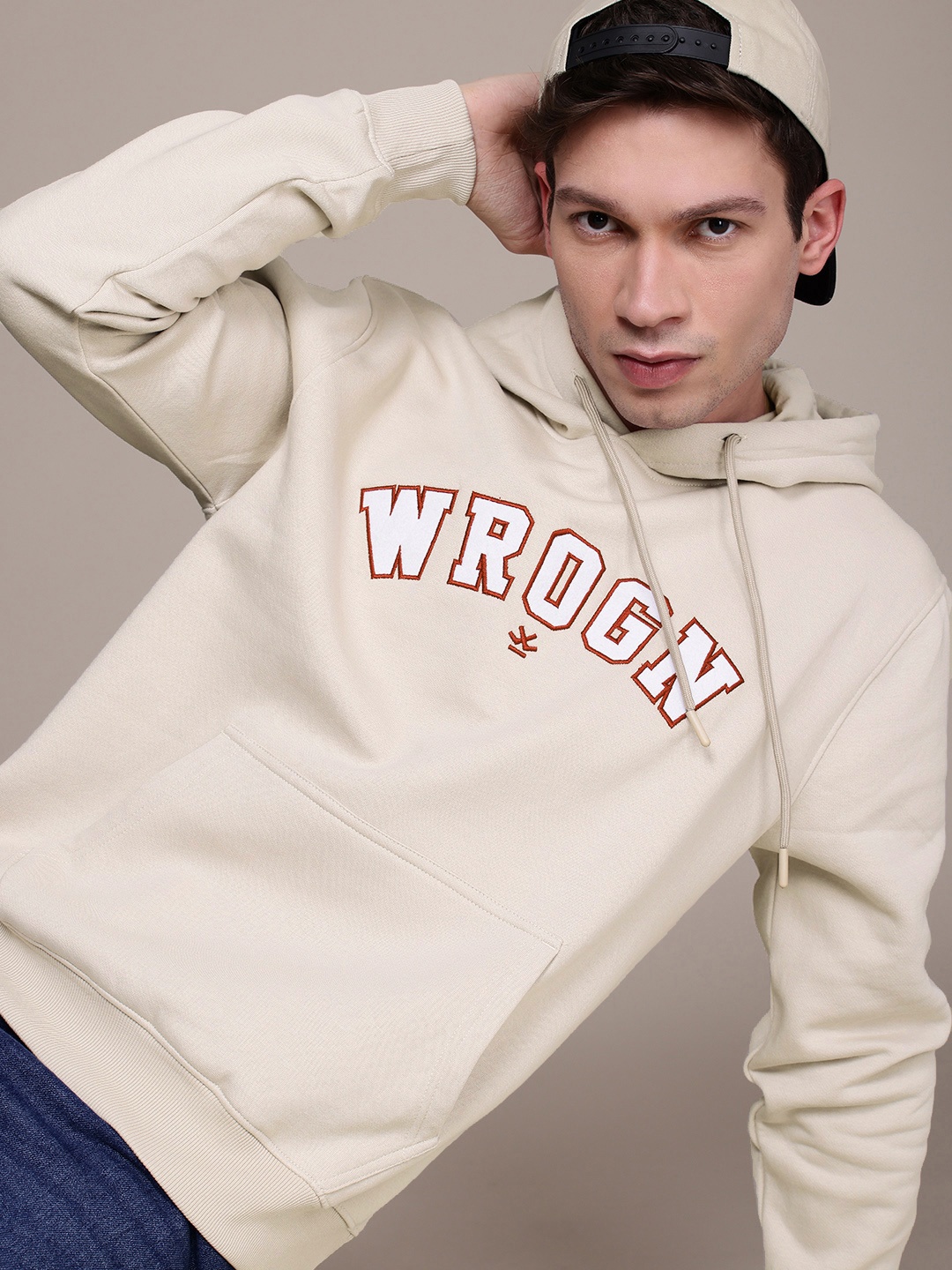 

WROGN Brand Logo Embroidered Hooded Sweatshirt, Beige