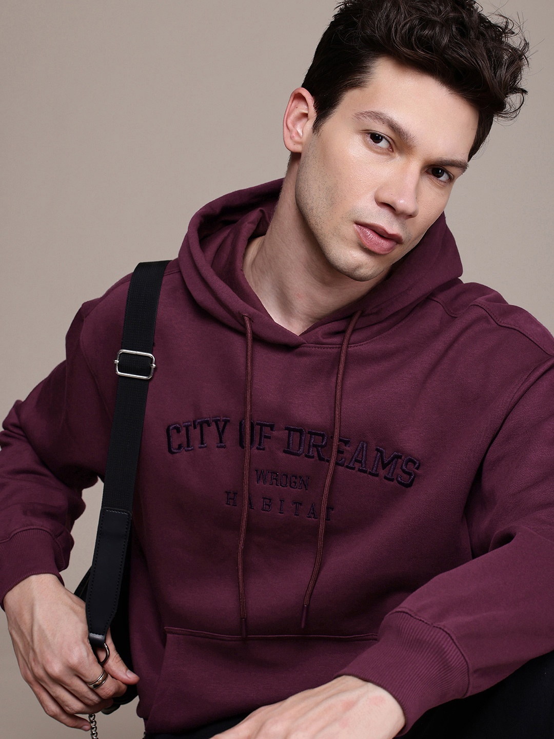 

WROGN Embroidered Hooded Oversized Sweatshirt, Burgundy