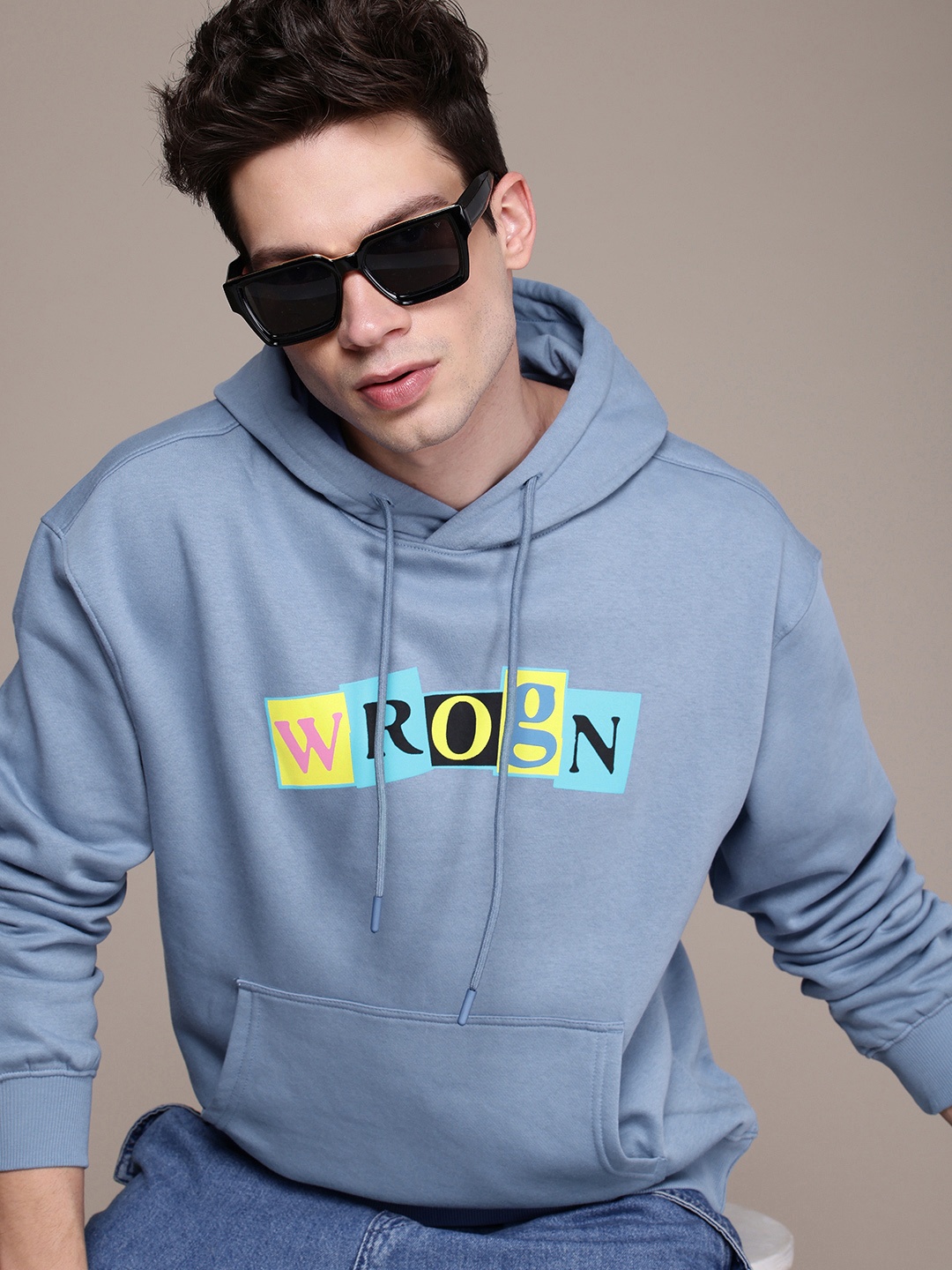 

WROGN Brand Logo Printed Hooded Oversized Sweatshirt, Blue