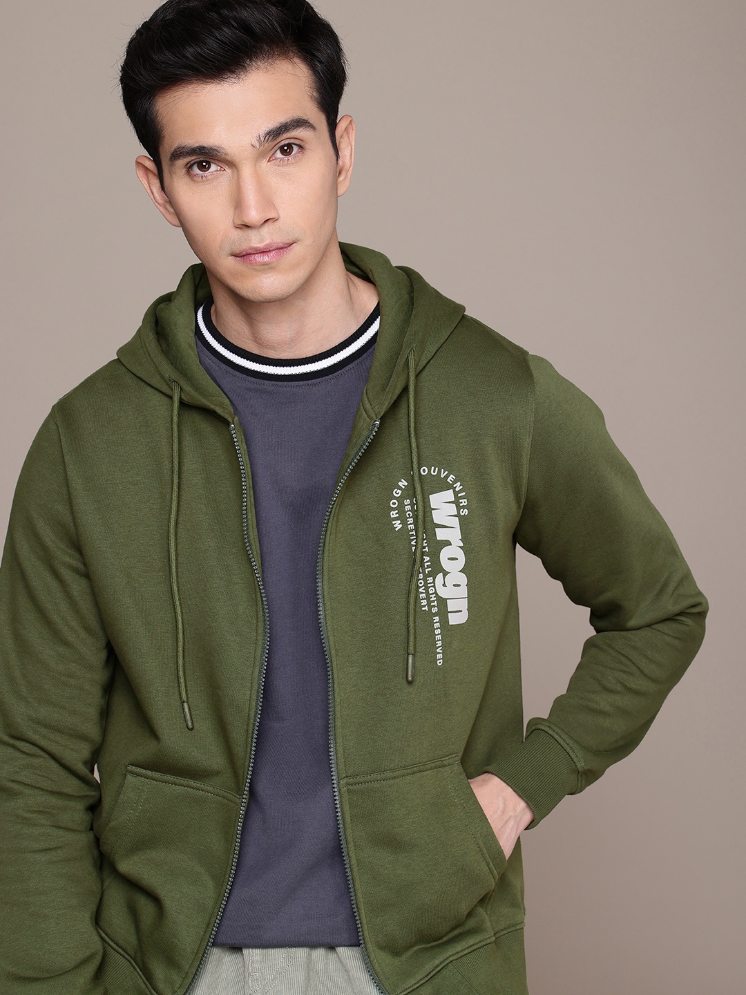 

WROGN Brand Logo Printed Hooded Sweatshirt, Green