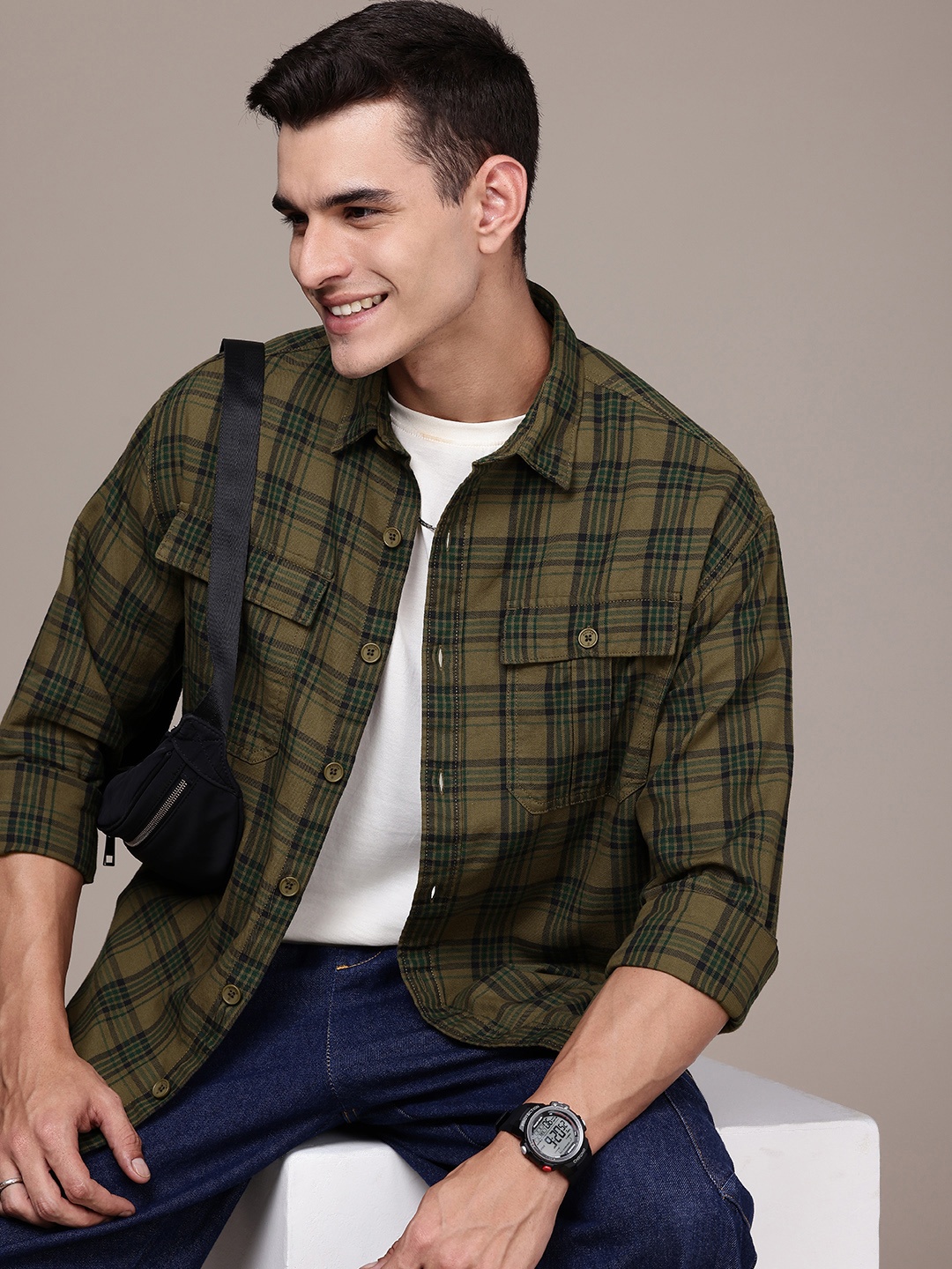 

WROGN Pure Cotton Oversized Checked Casual Shirt, Olive