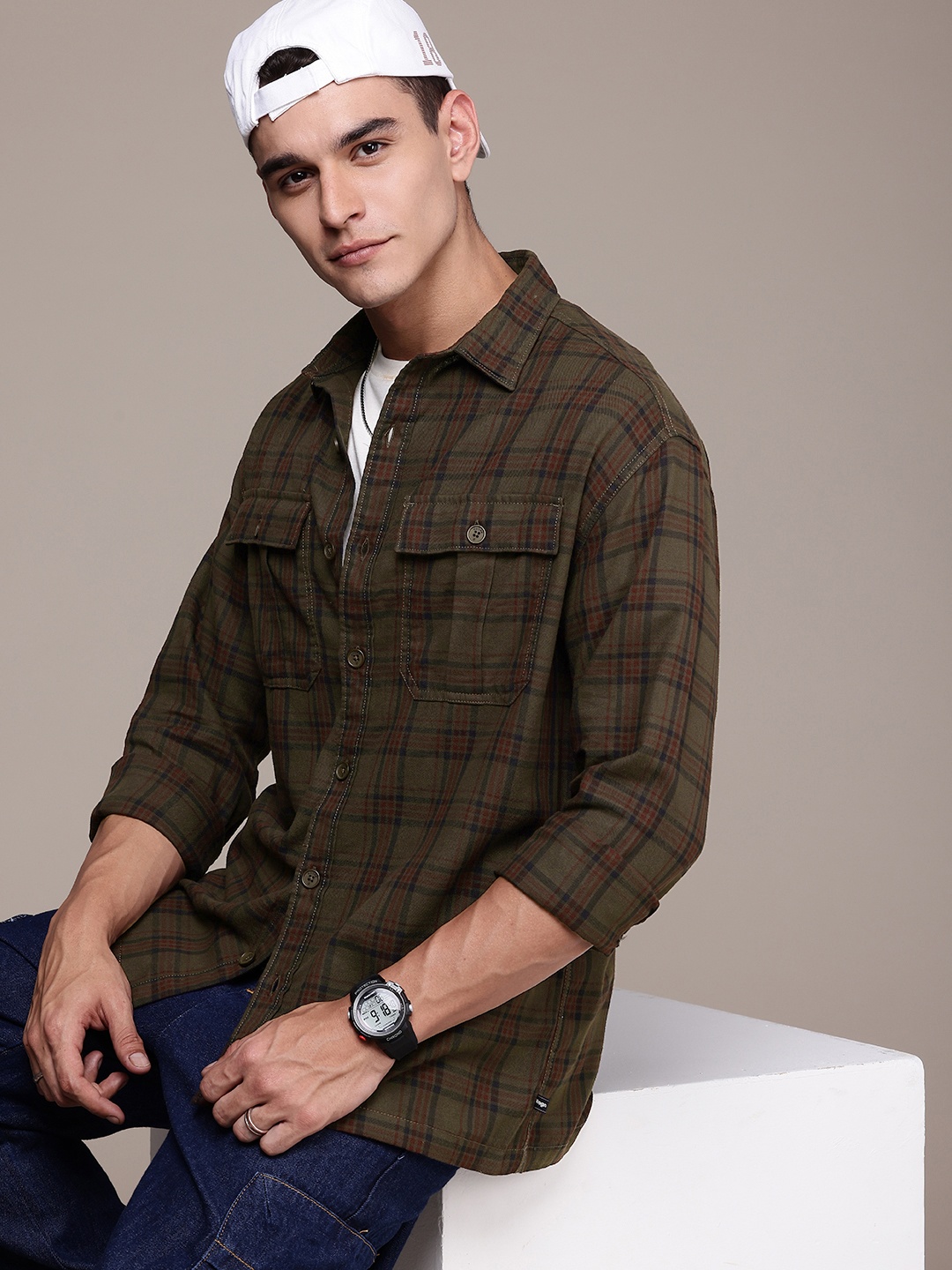 

WROGN Pure Cotton Oversized Checked Casual Shirt, Olive